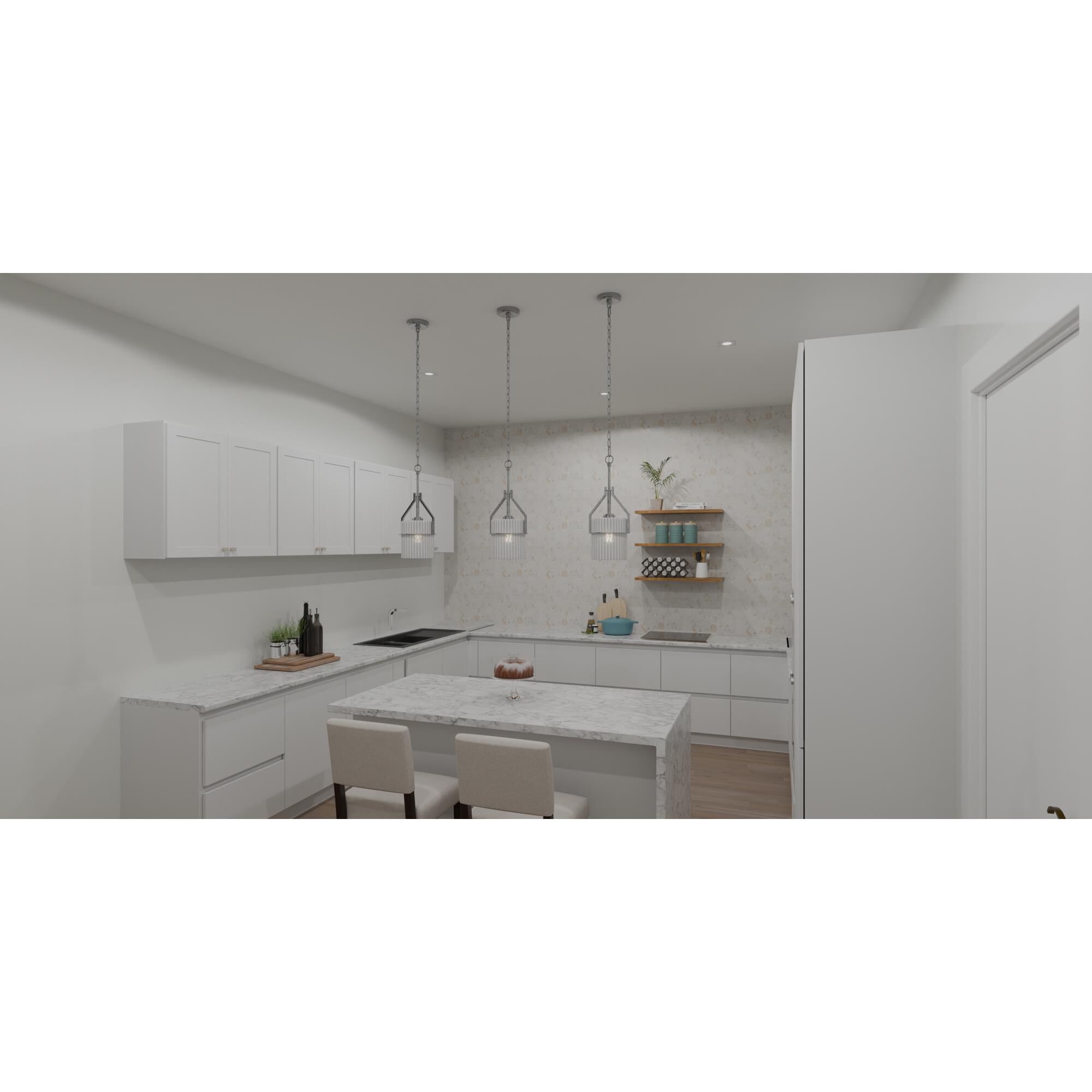 Shown in Brushed Nickel finish and Opal Etched Ribbed glass