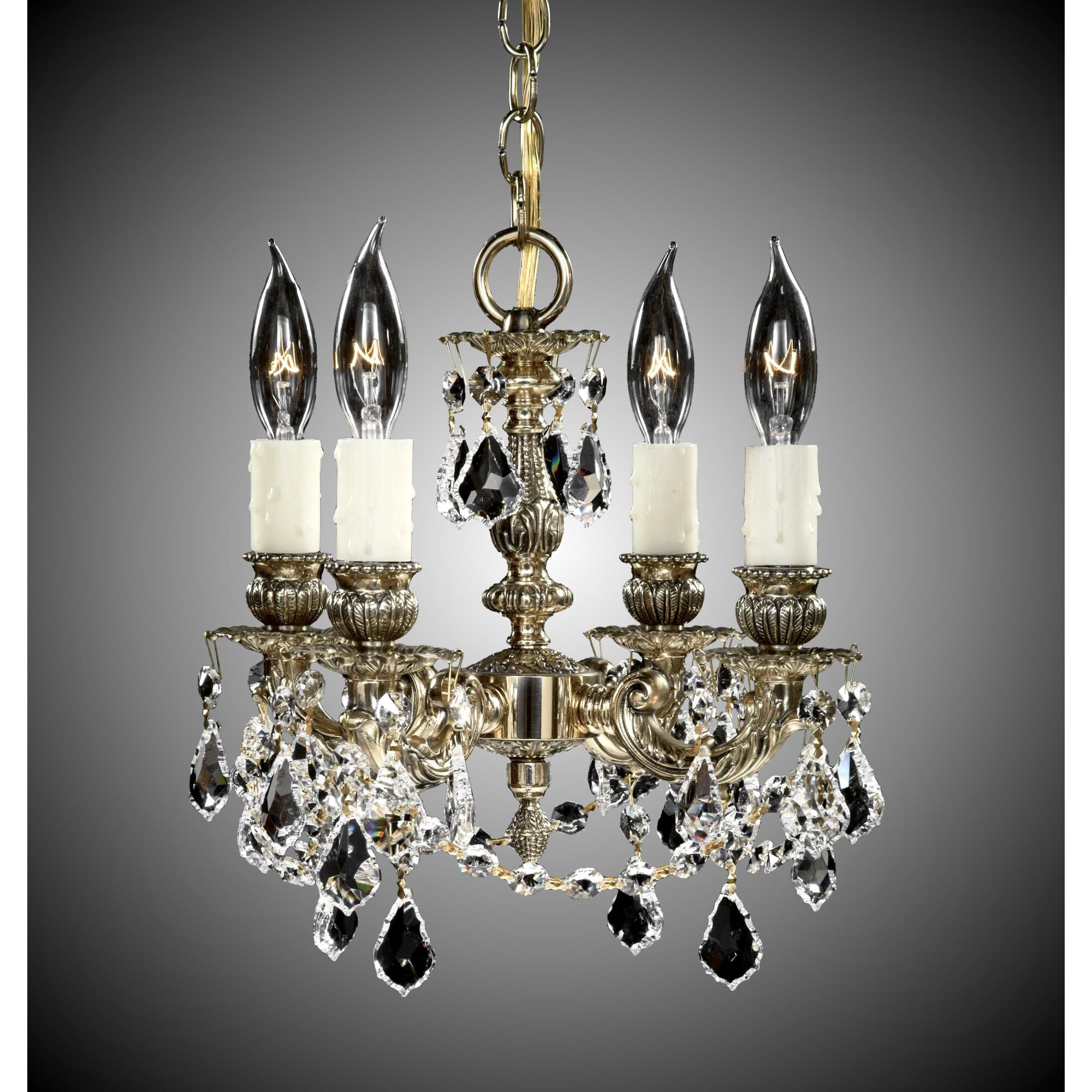 Shown in Polished Brass with Black Inlay finish and French Pendaloque Precision crystal and 2 Inch Pale Ivory Beeswax Candle Cover With Drip accent