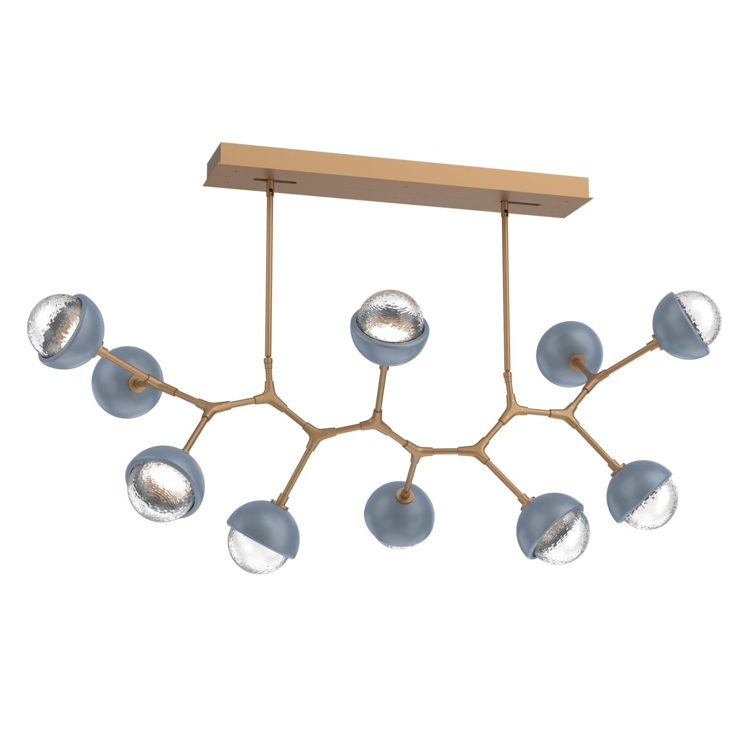 Shown in Novel Brass finish and Clear glass and Poppy Blue accent
