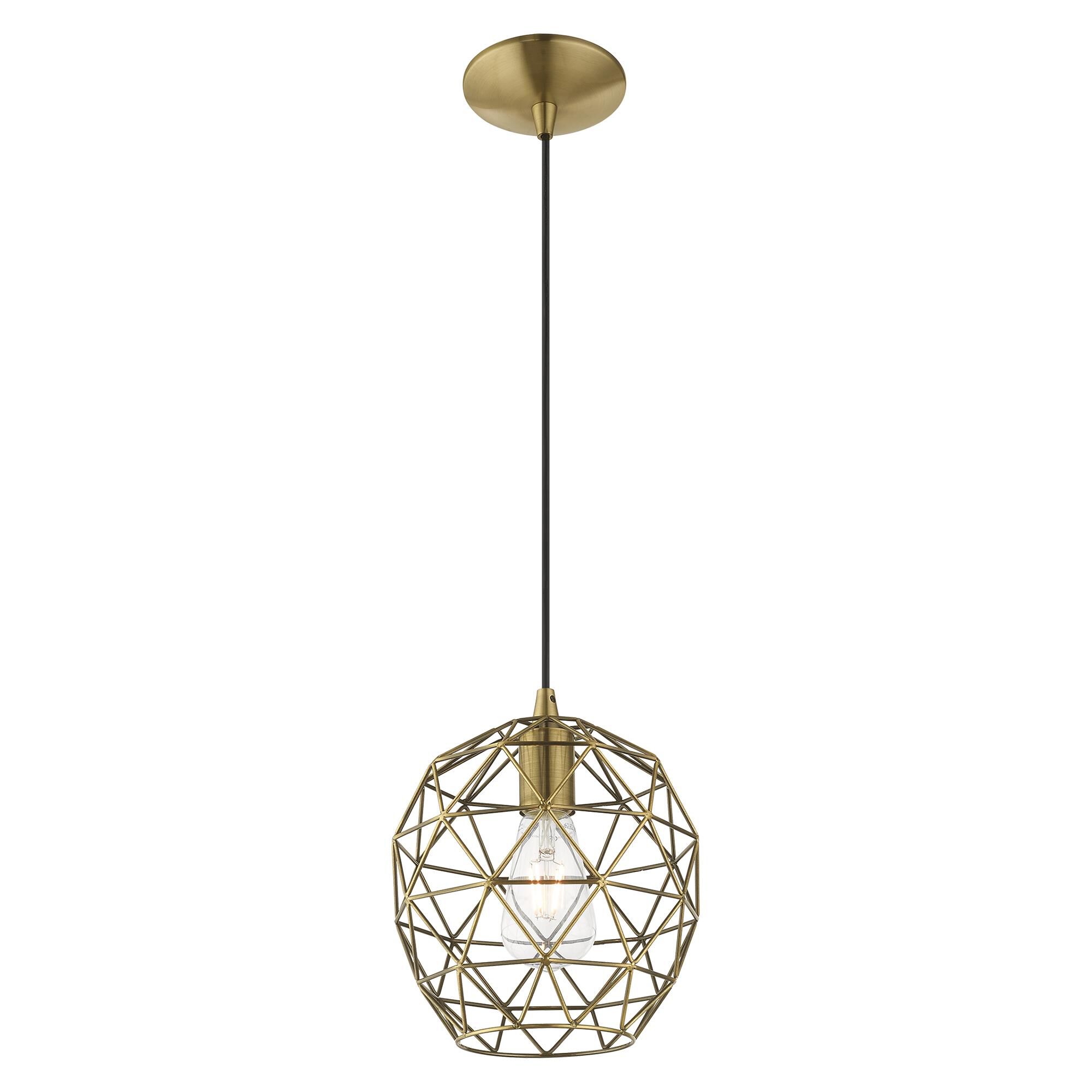 Shown in Antique Brass finish and Antique Brass Geometric Metal shade