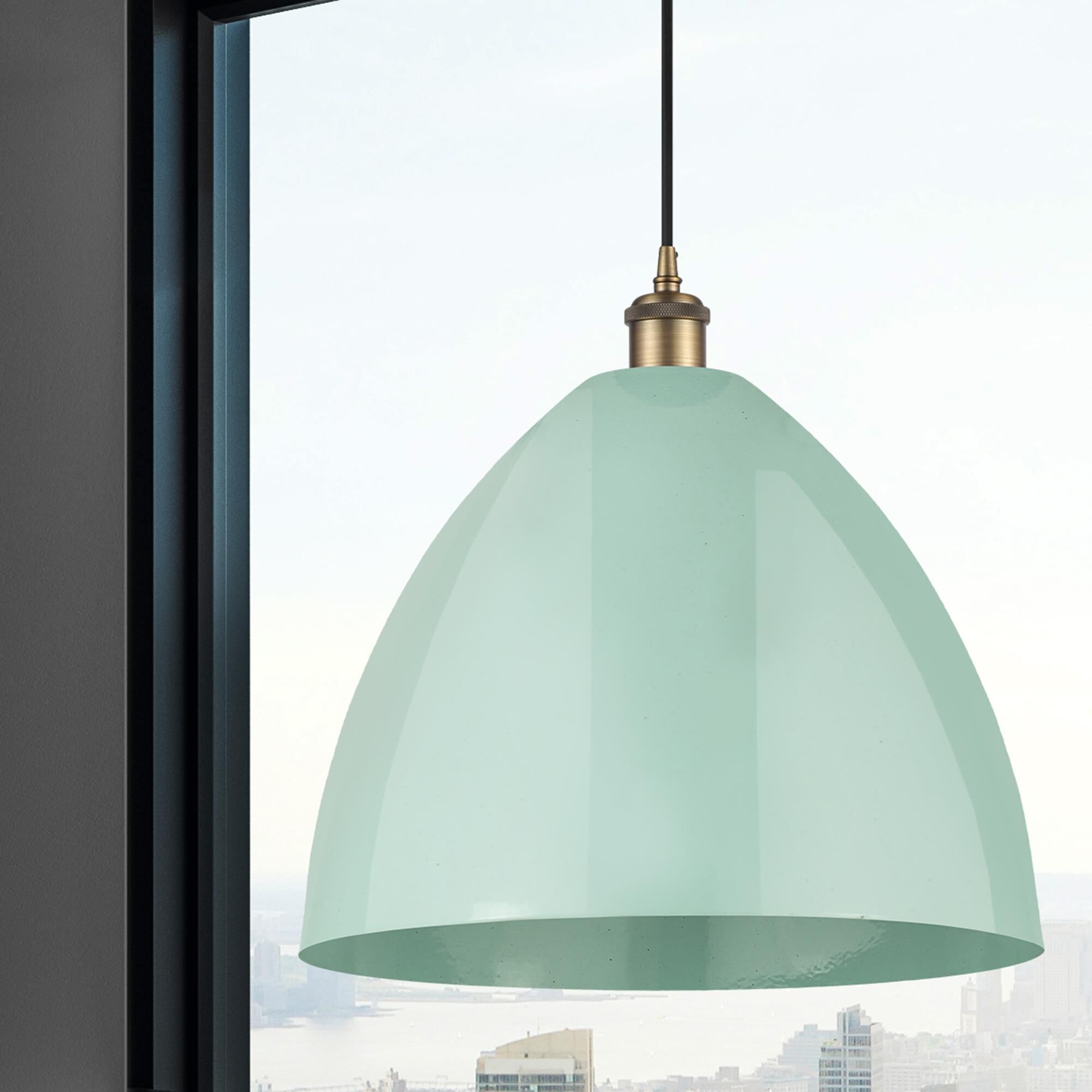Shown in Brushed Brass finish and Seafoam Plymouth Dome shade