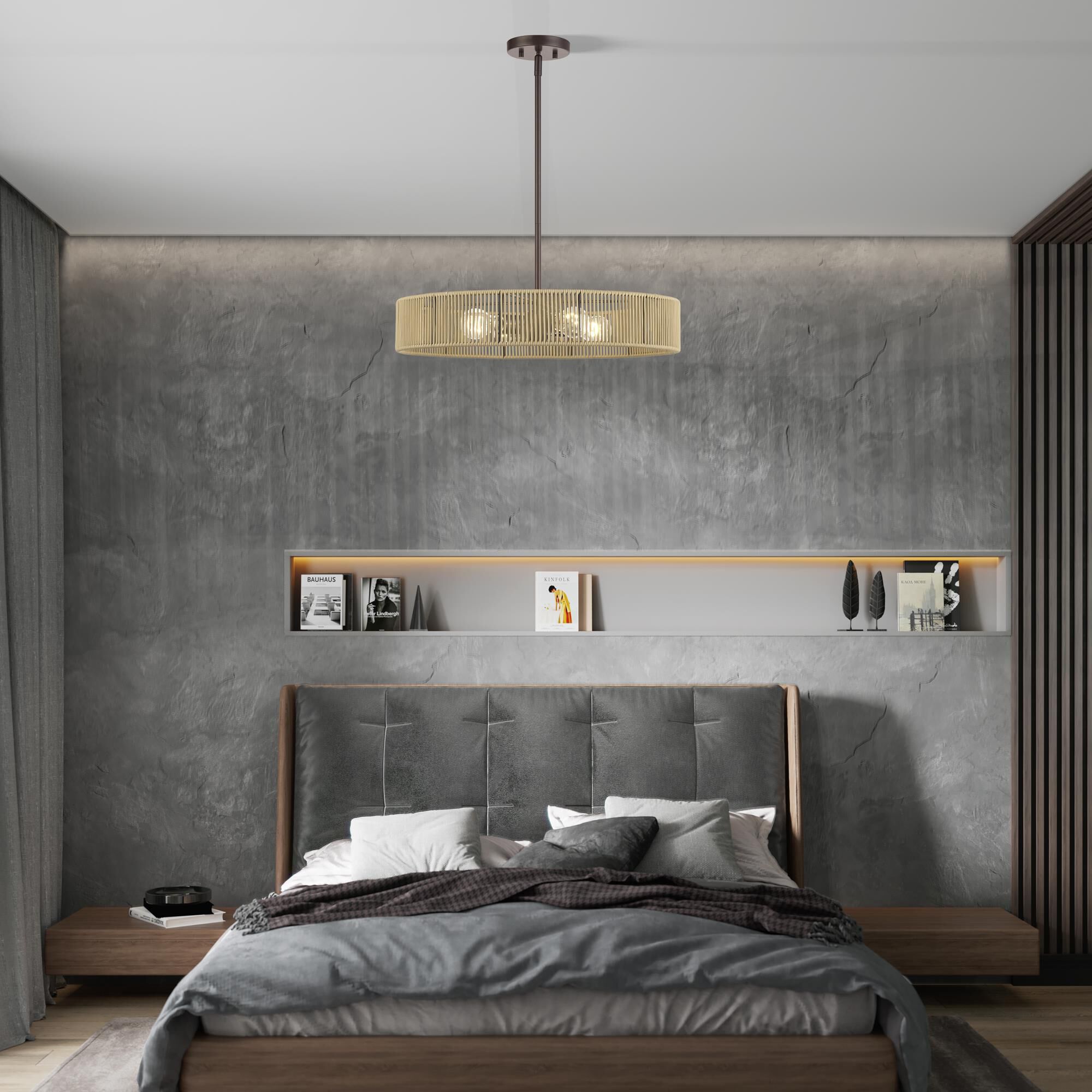 Shown in English Bronze finish and Hand-Woven Venetian Gold Color Polyester Rope shade