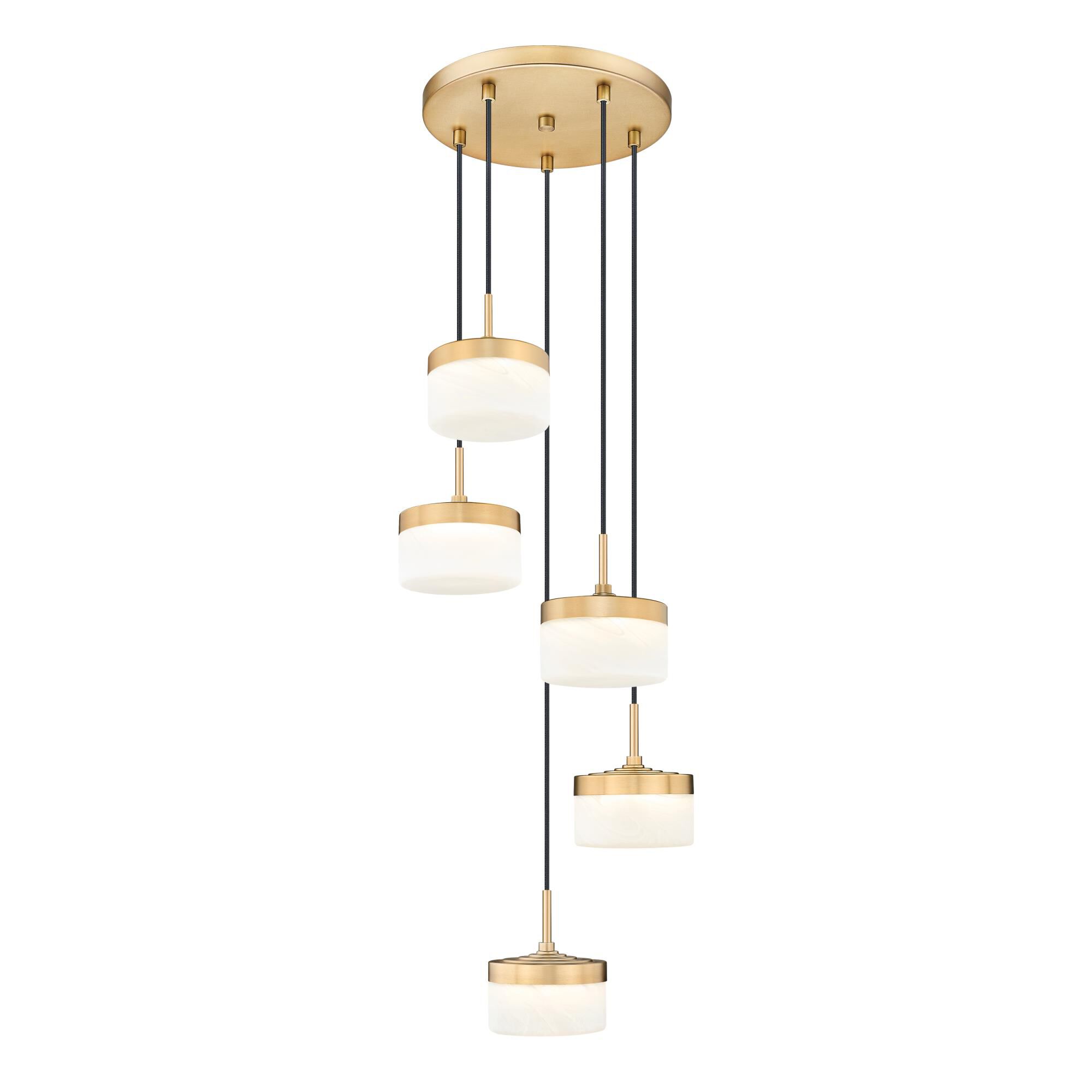 Shown in Modern Gold finish and Feathered White glass