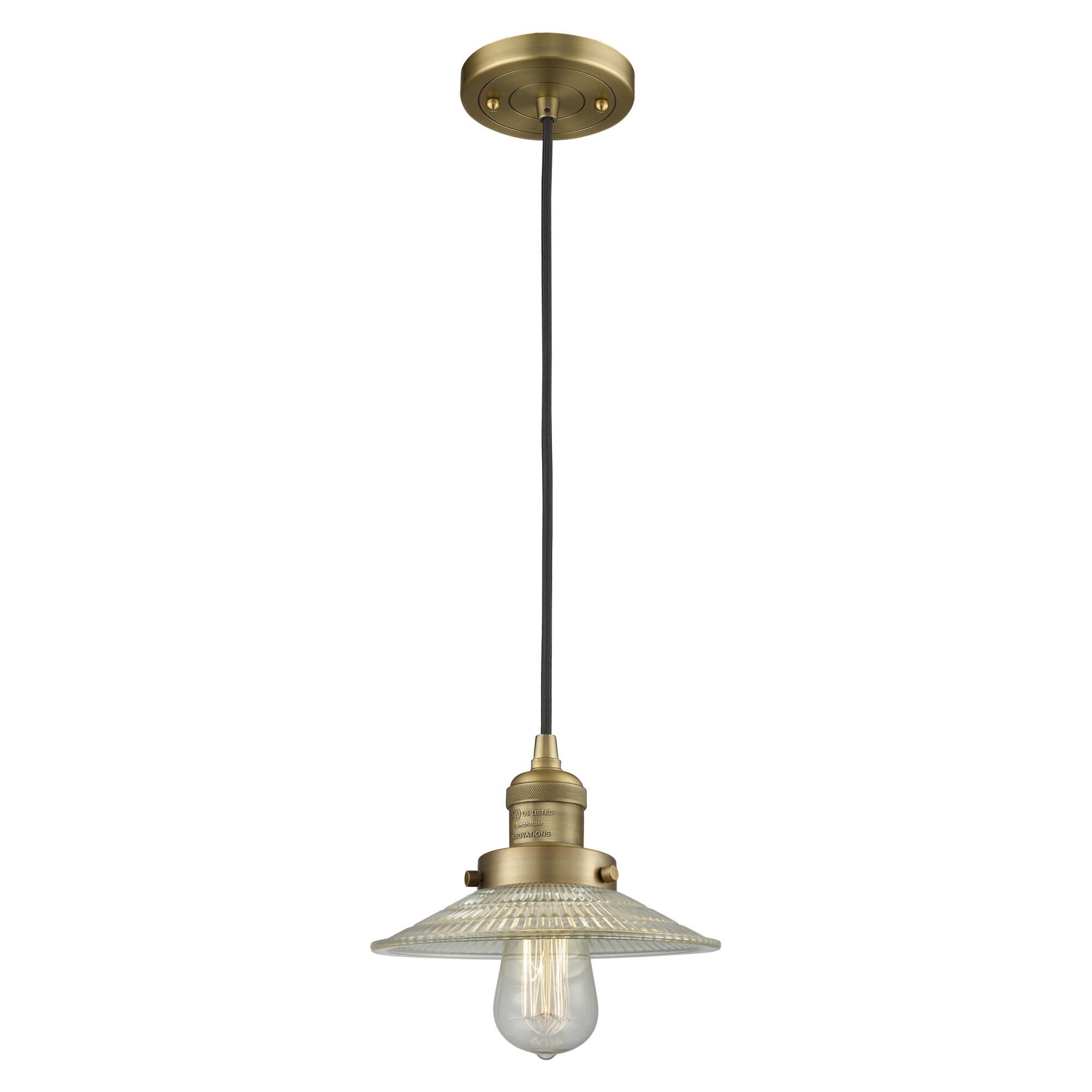 Shown in Brushed Brass finish and Clear Halophane glass