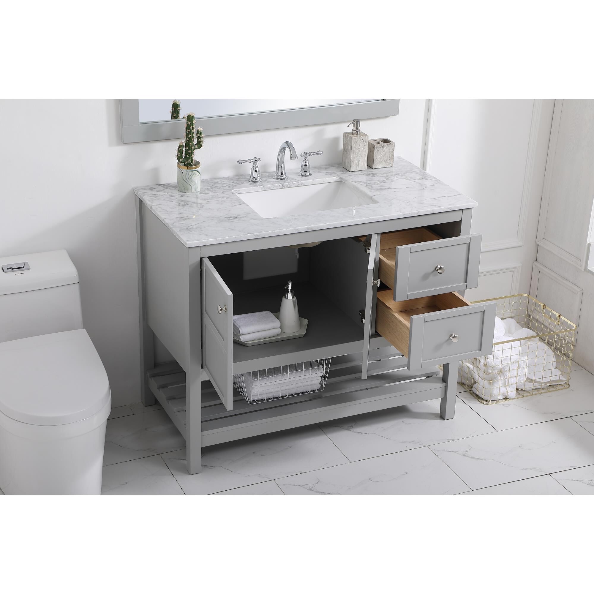 Shown in Gray And Brushed Nickel With Carrara White Marble finish