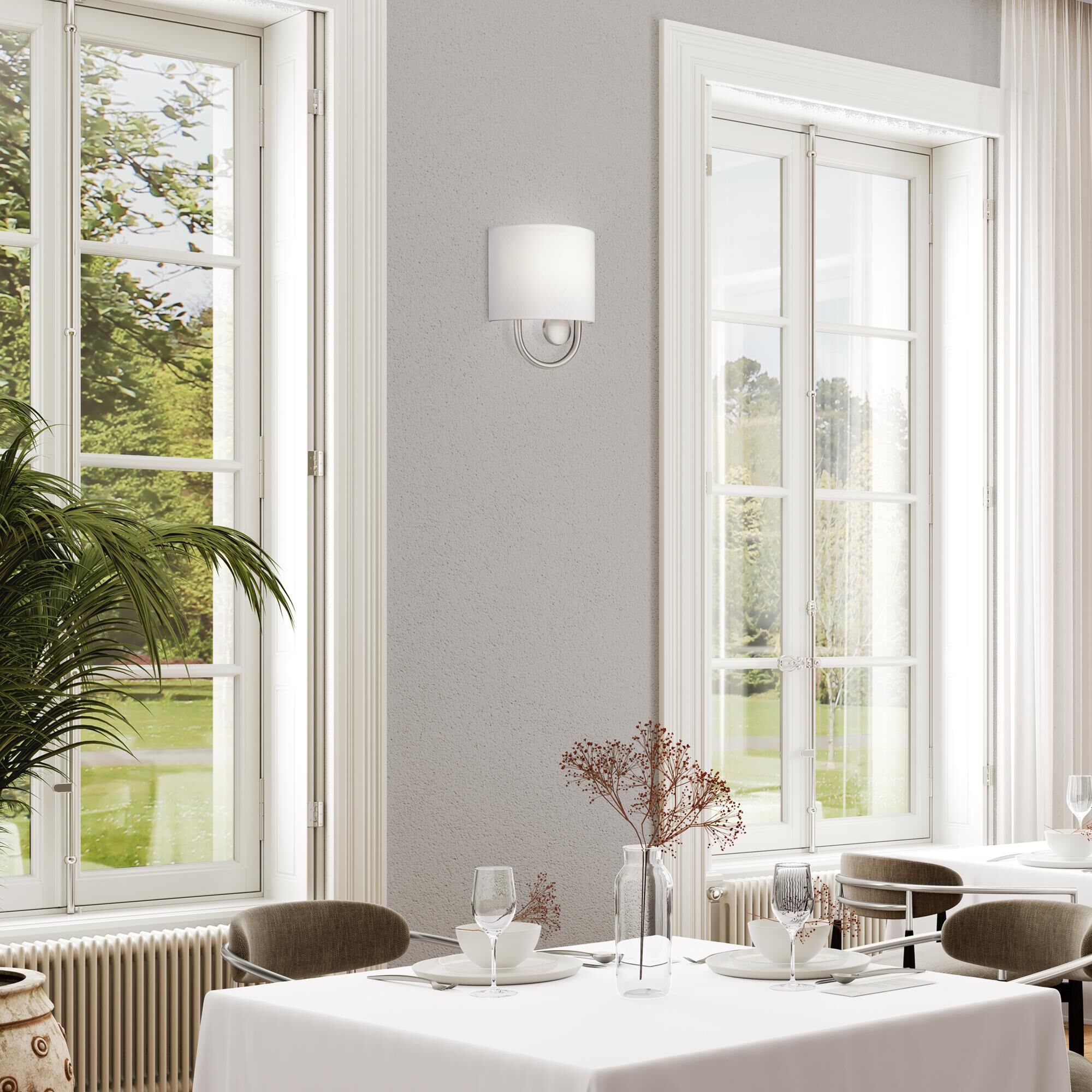 Shown in Brushed Nickel finish and Hand Crafted Off-White Fabric Hardback with White Fabric Inside shade