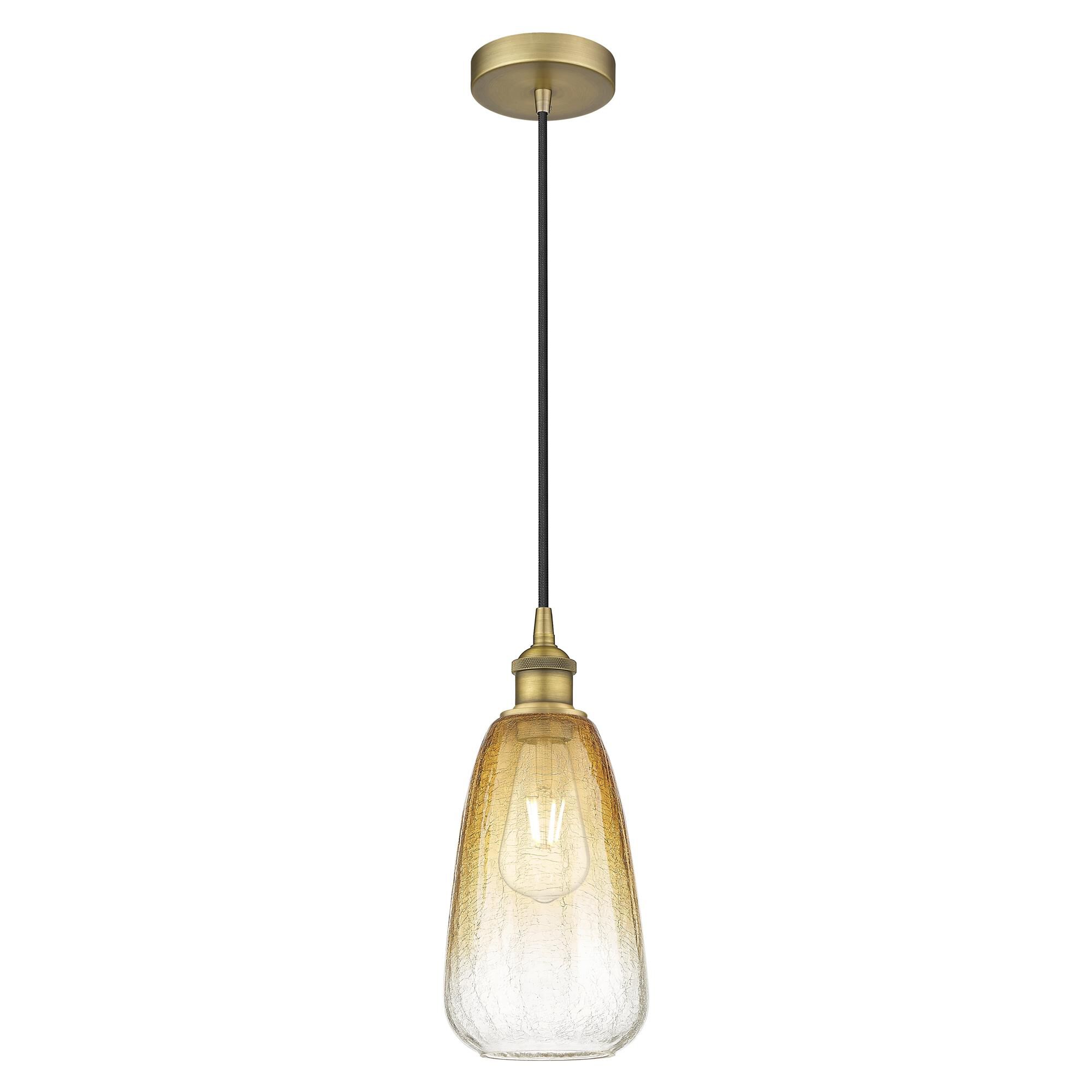 Shown in Brushed Brass finish and Amber glass