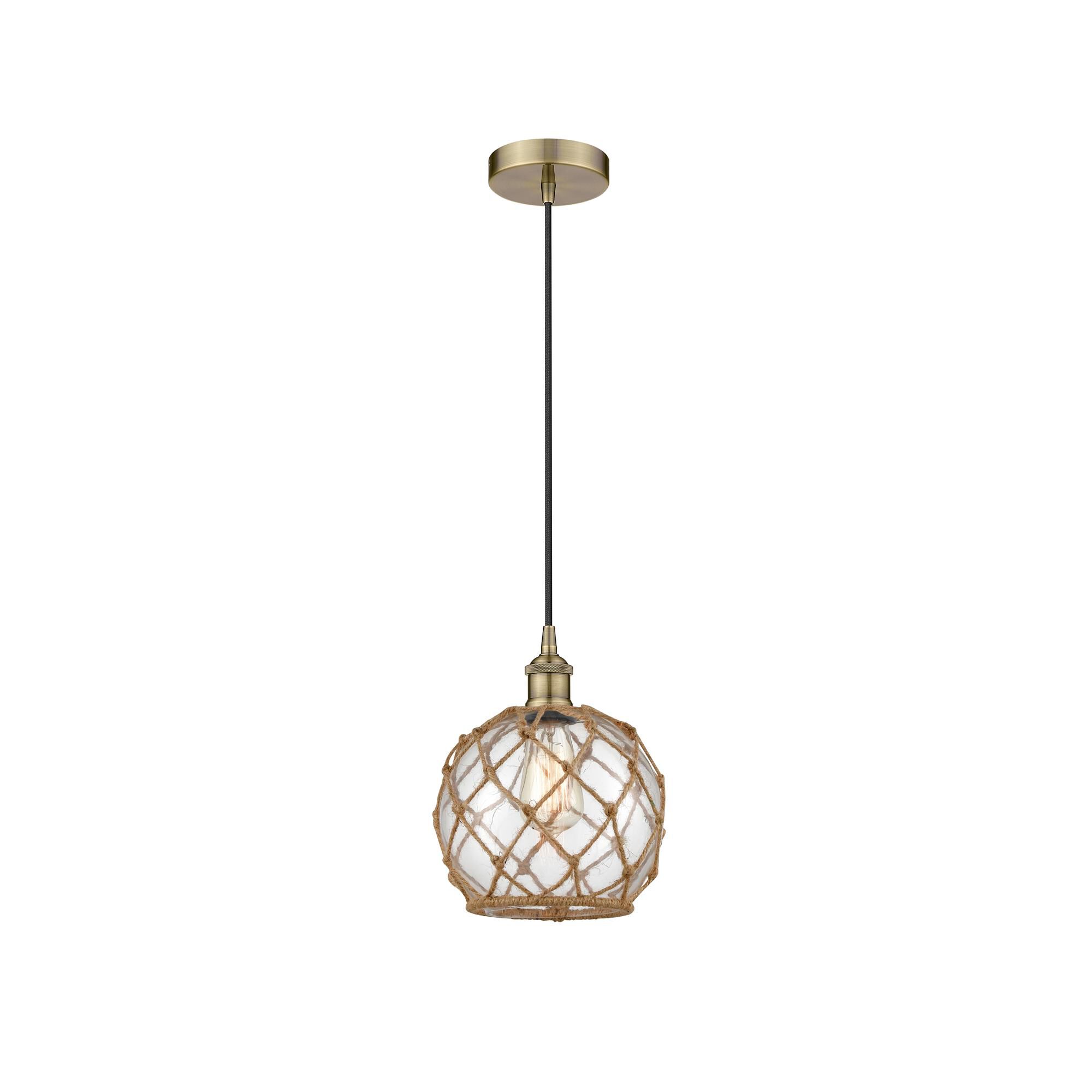 Shown in Antique Brass finish and Clear Farmhouse With Brown Rope glass