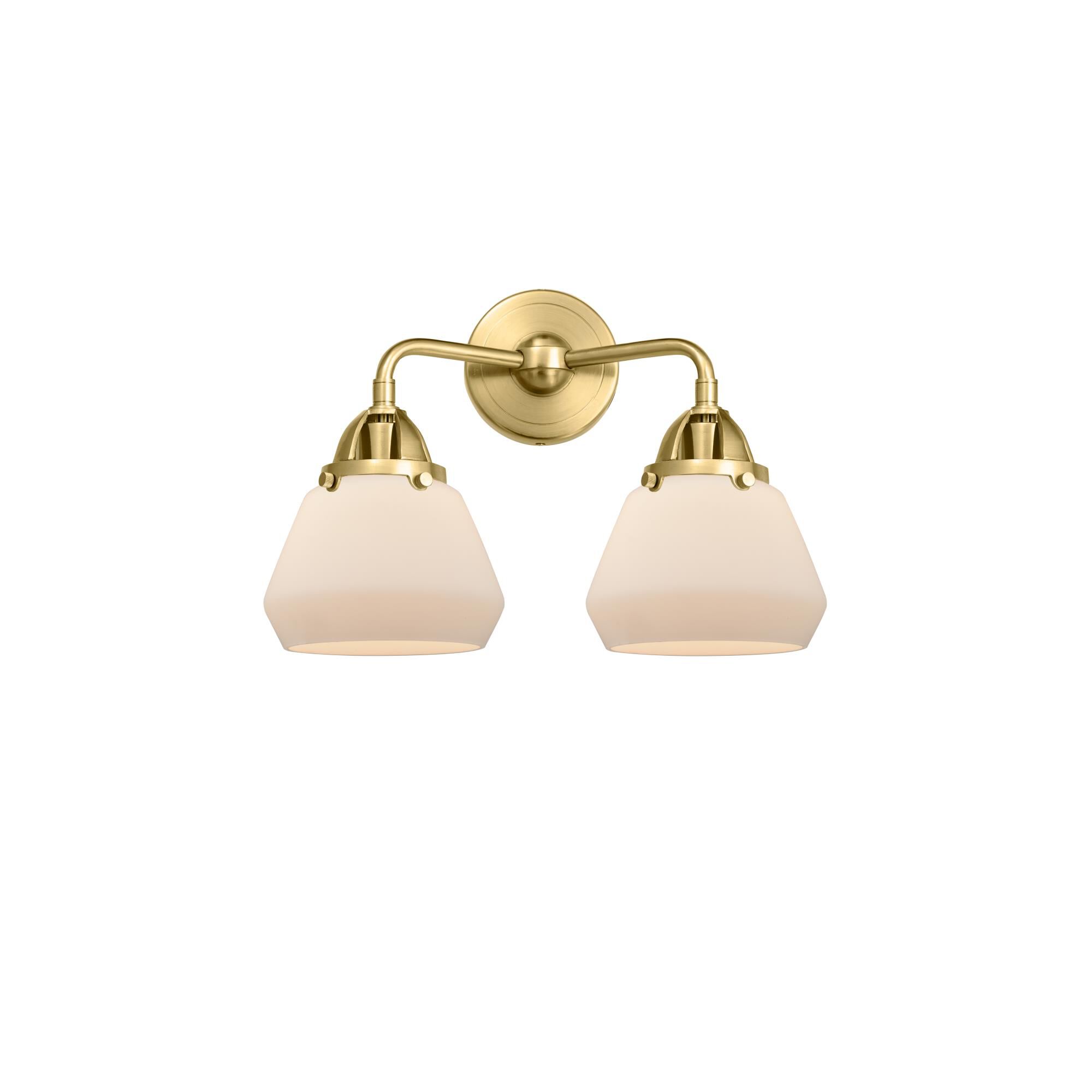 Shown in Satin Gold finish and Matte White Cased Fulton glass and No Shade shade