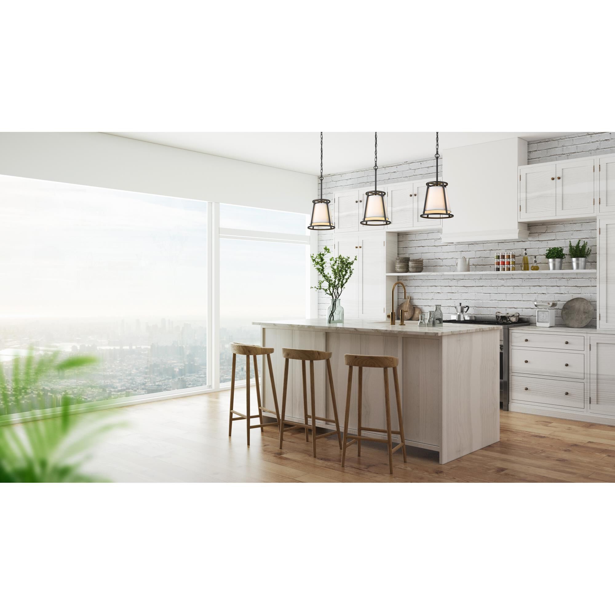 Shown in Iron Ore finish and Fabric glass and Fabric shade