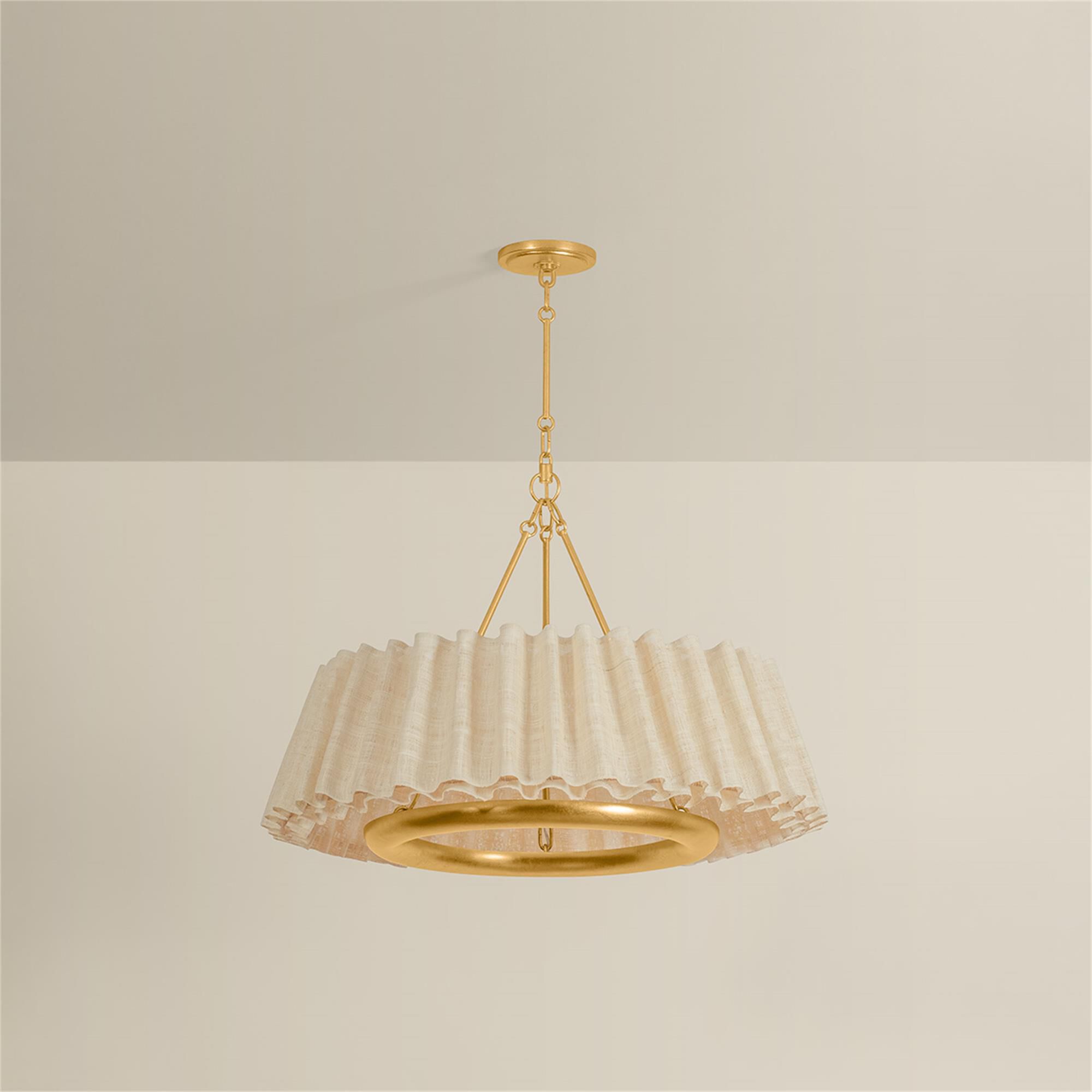 Shown in Vintage Gold Leaf finish and Raffia Ruffle Natural Woven shade