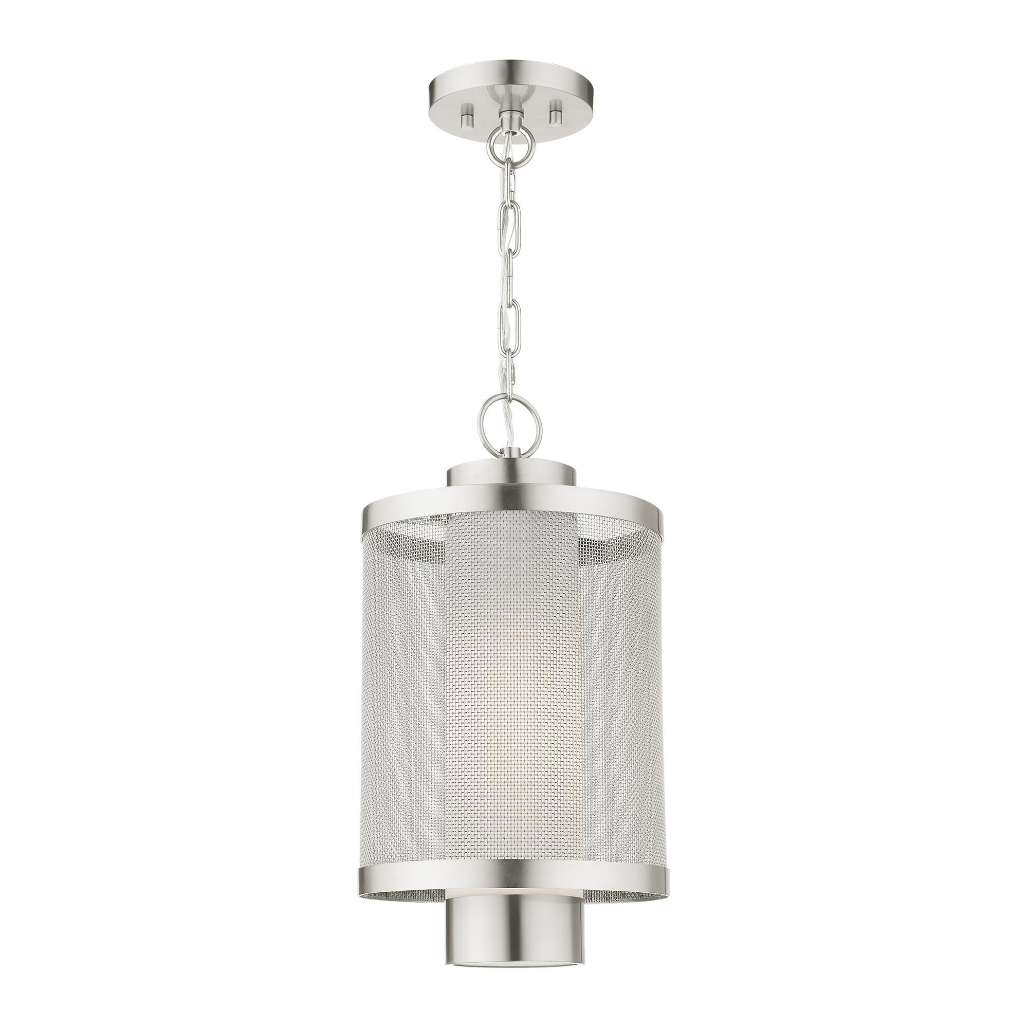 Shown in Brushed Nickel finish and Brushed Nickel Stainless Steel Mesh With Satin Opal White glass and Brushed Nickel Stainless Steel Mesh With Satin Opal White Glass shade