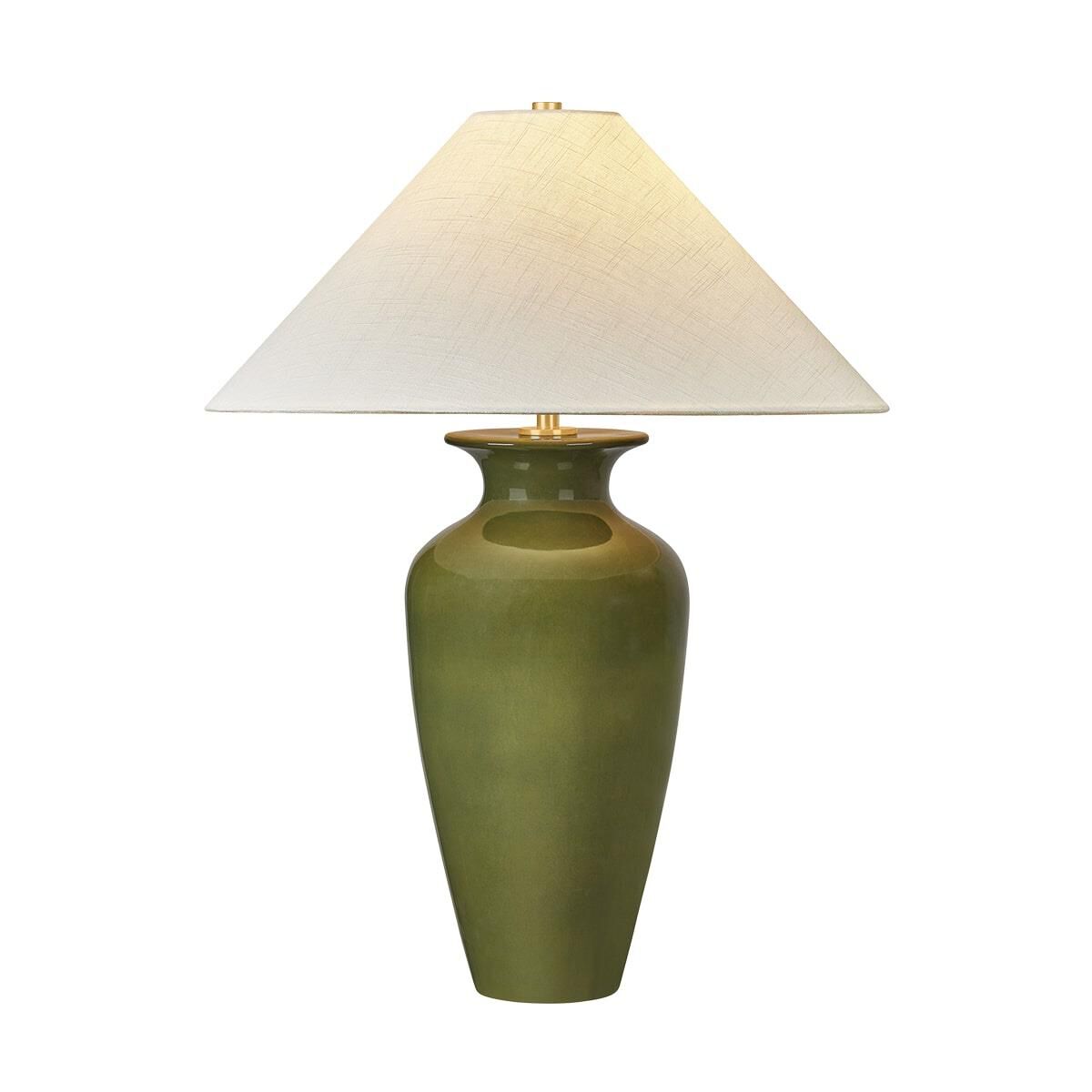 Shown in Aged Brass and Ceramic Nori Green finish and Textured Linen shade