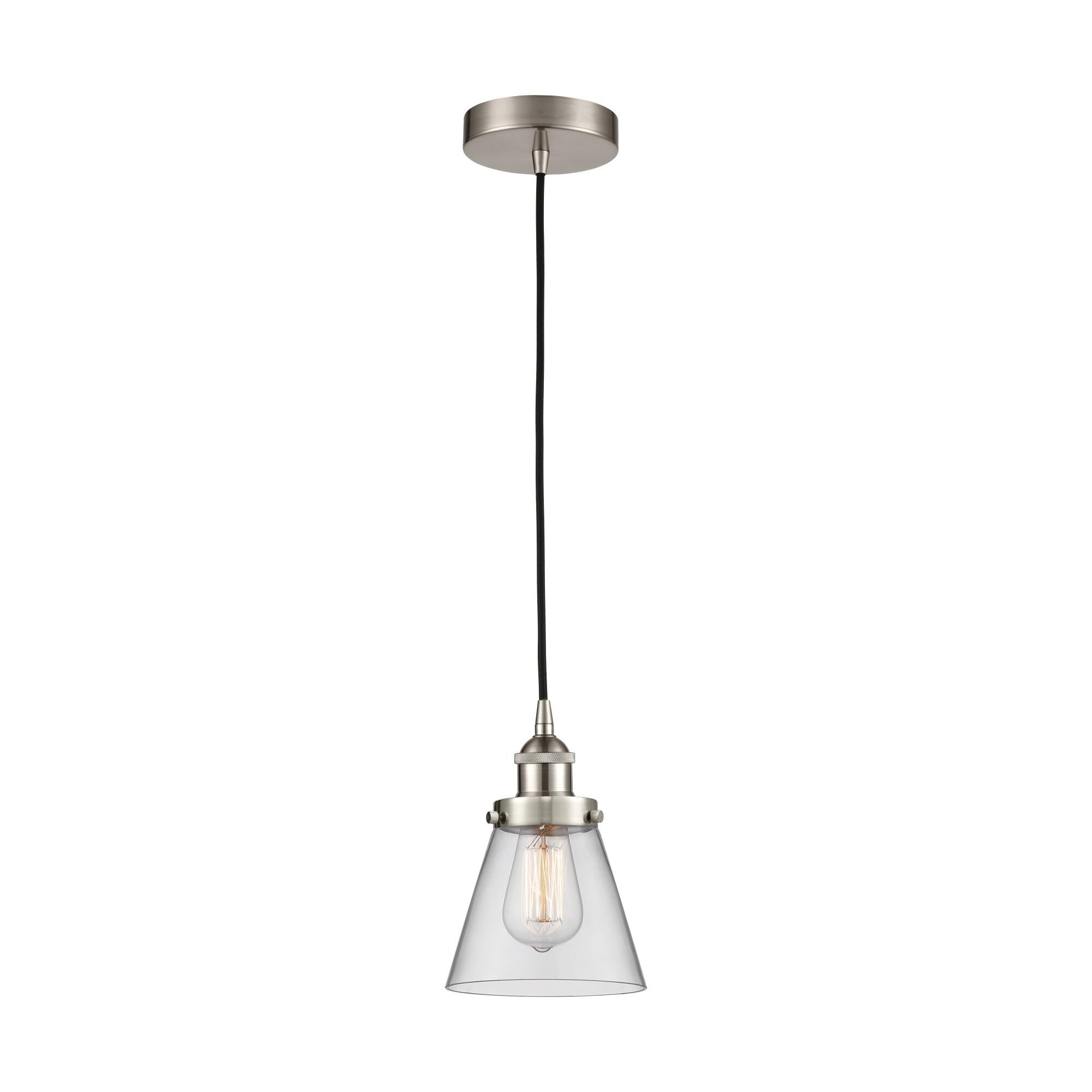 Shown in Brushed Satin Nickel finish and Clear Small Cone glass