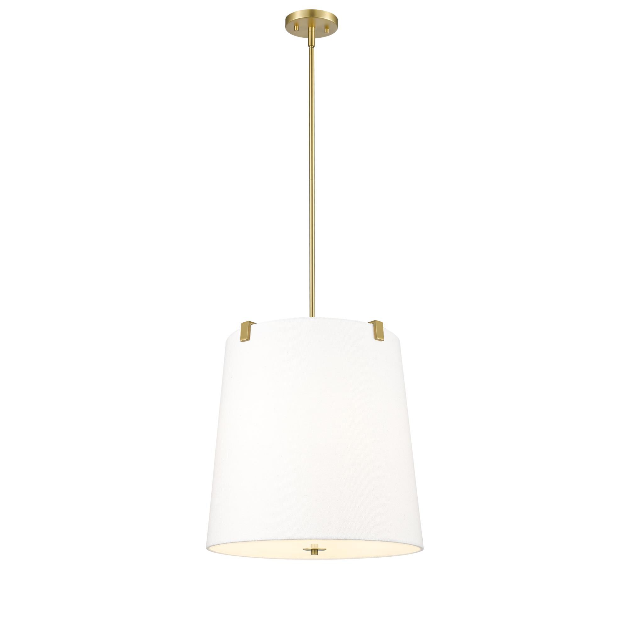 Shown in Modern Gold finish and White Linen glass and White Linen shade