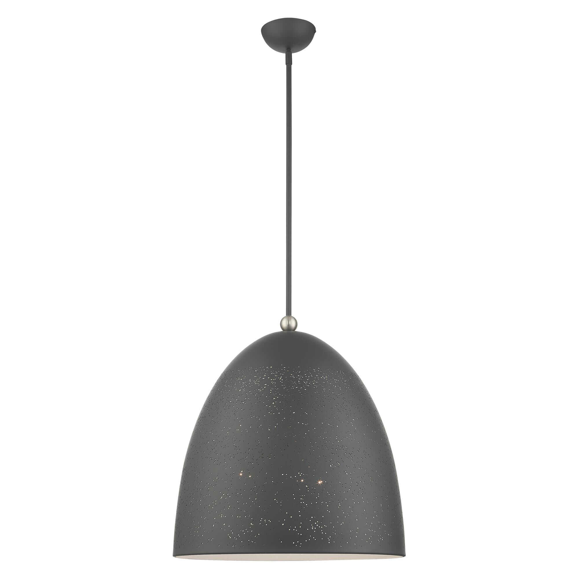 Shown in Scandinavian Gray With Brushed Nickel finish and Scandinavian Gray Ornamental Metal With White Inside shade