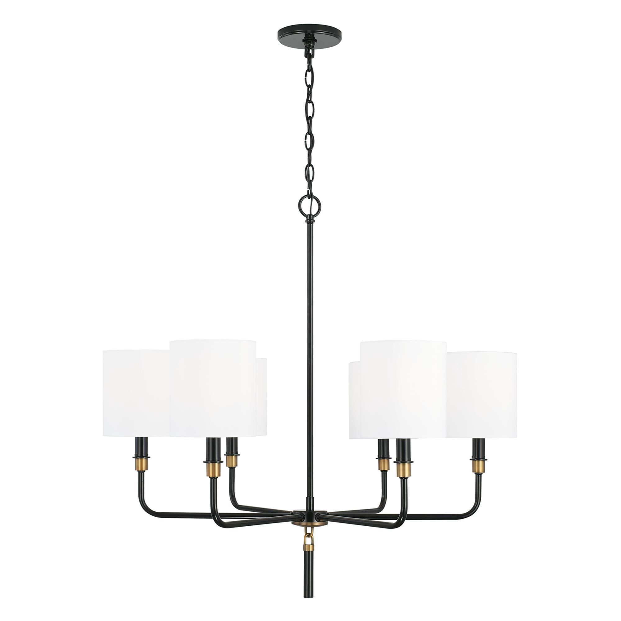 Shown in Glossy Black And Aged Brass finish and 702 glass and White Fabric Stay-Straight shade