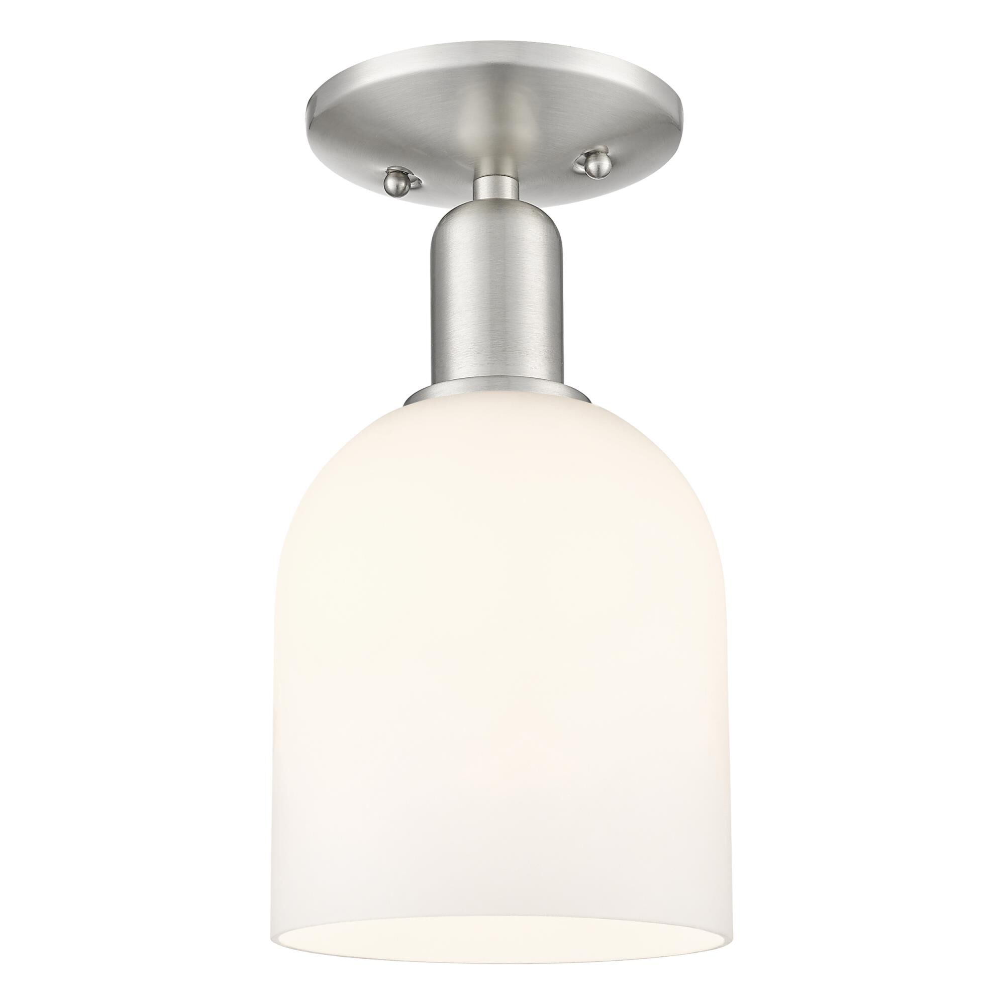 Shown in Brushed Satin Nickel finish and White glass