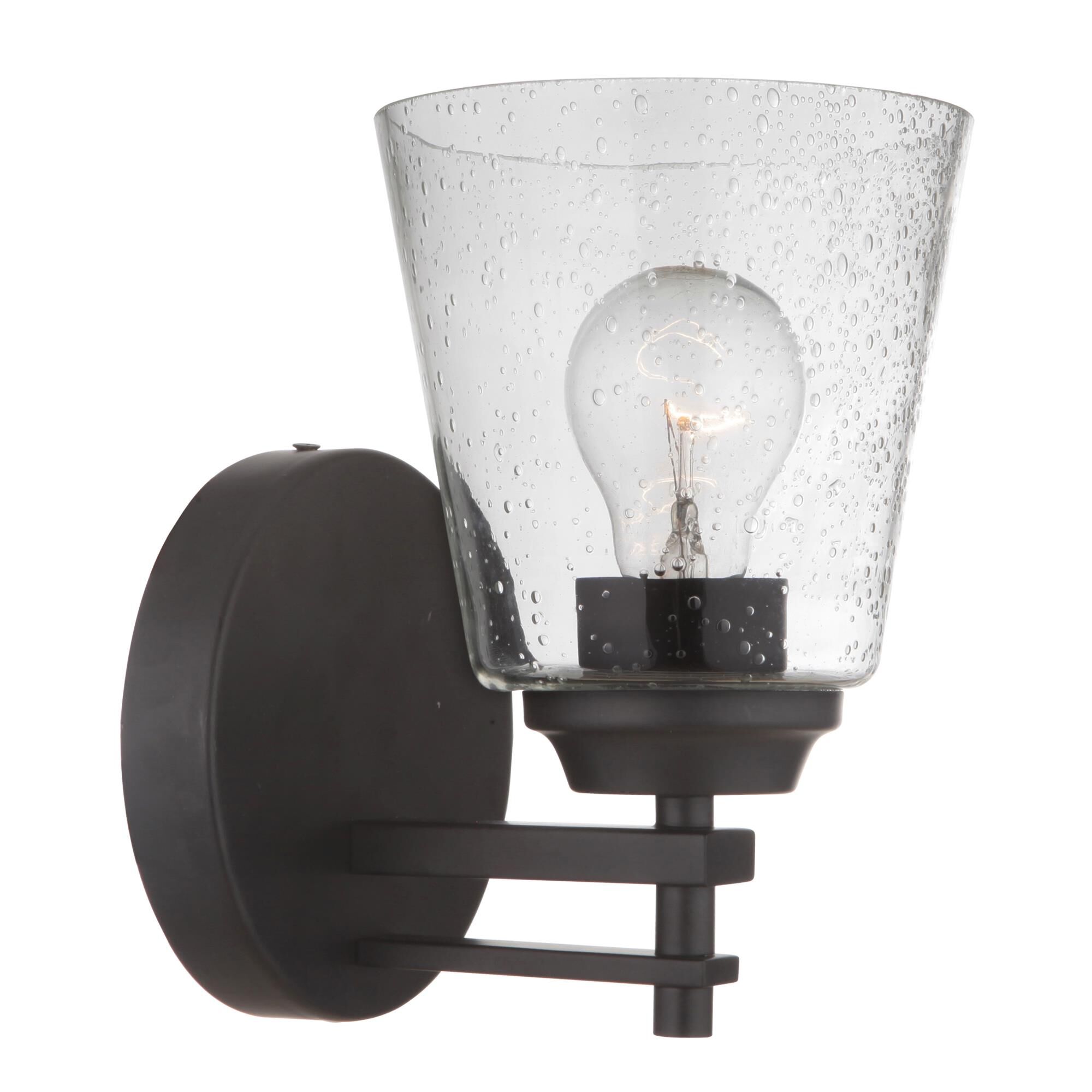 Shown in Flat Black finish and Clear Seeded glass and Glass shade