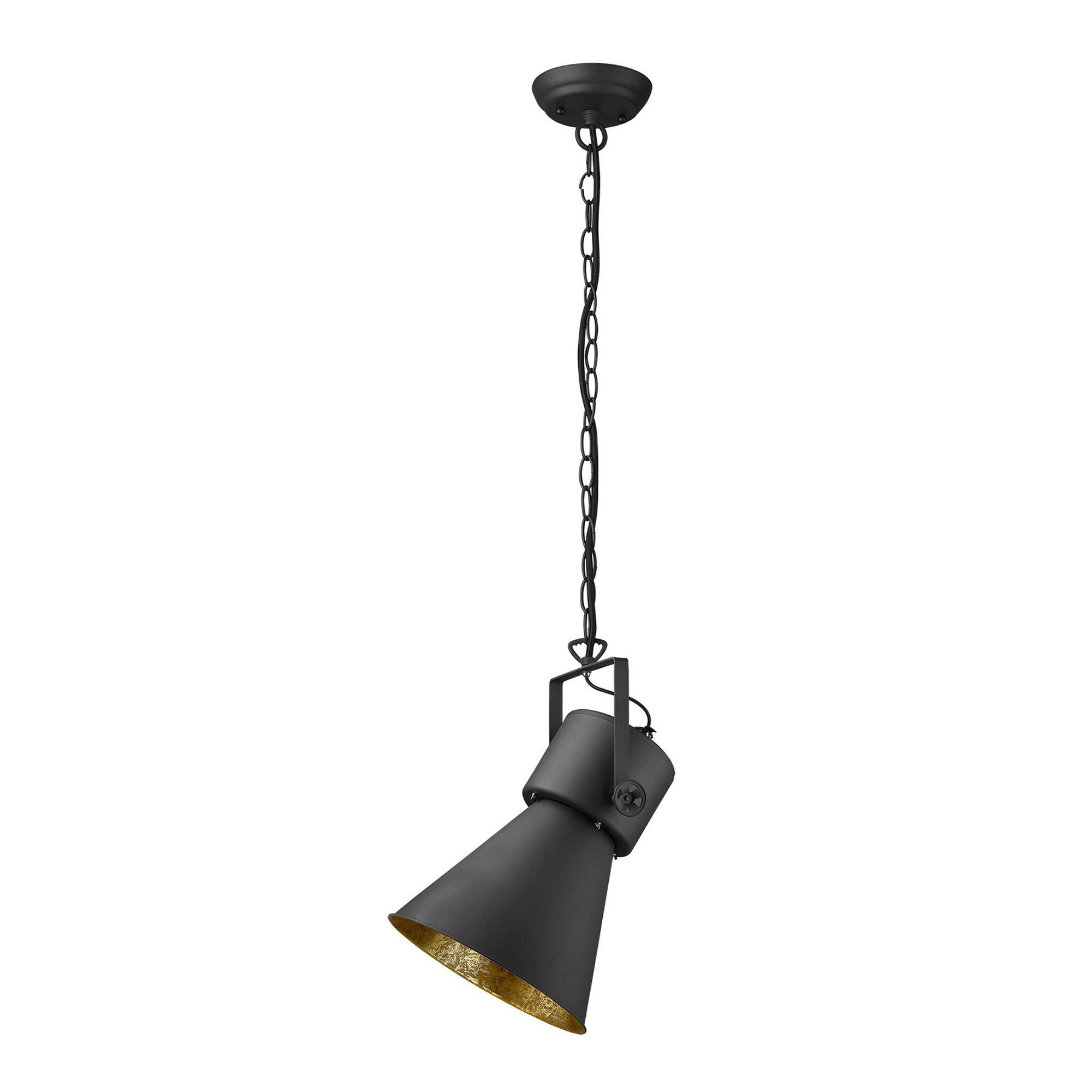 Shown in Matte Black finish and Black glass and Black Metal Cone Shaped  W/ Gold Interior shade