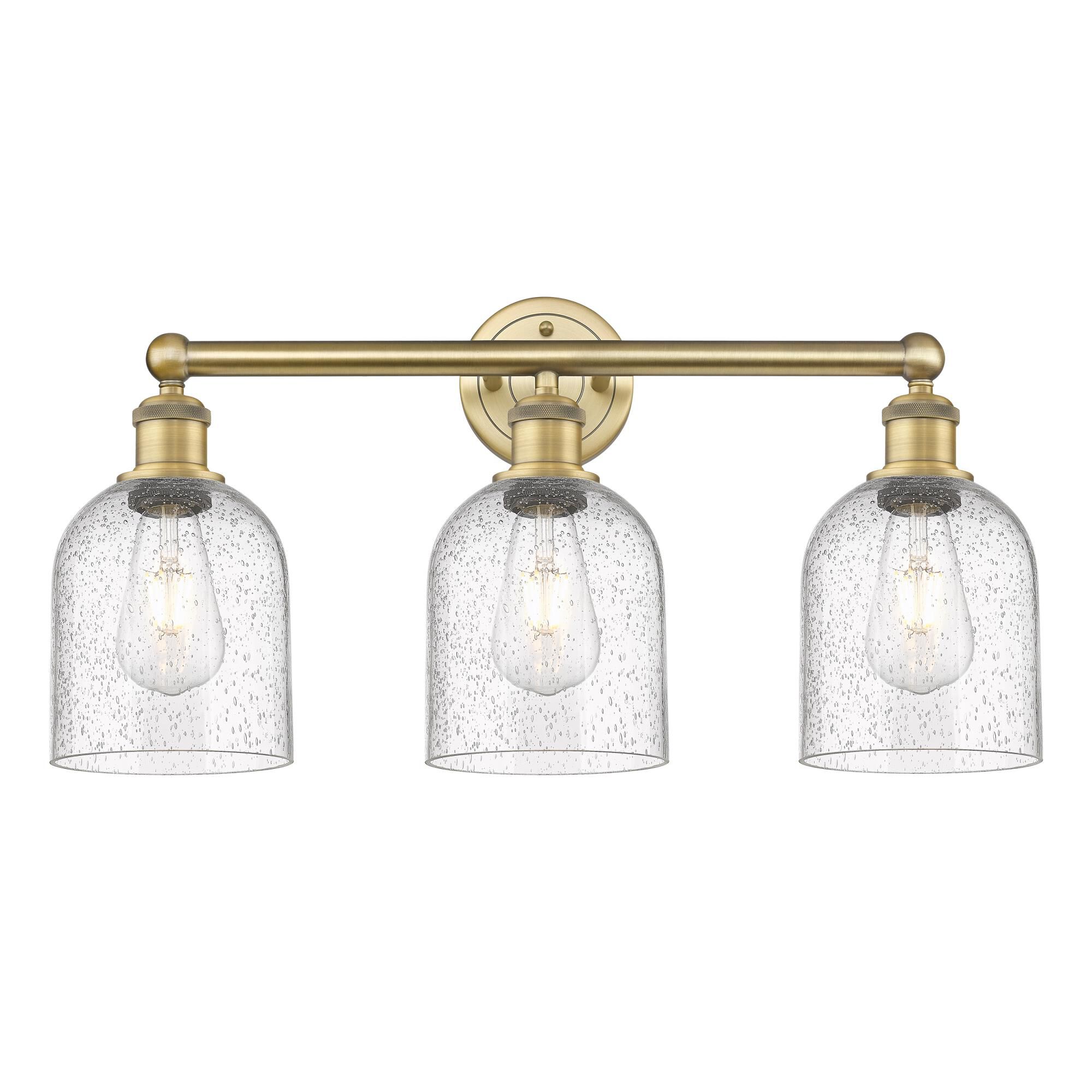 Shown in Brushed Brass finish and Seedy glass