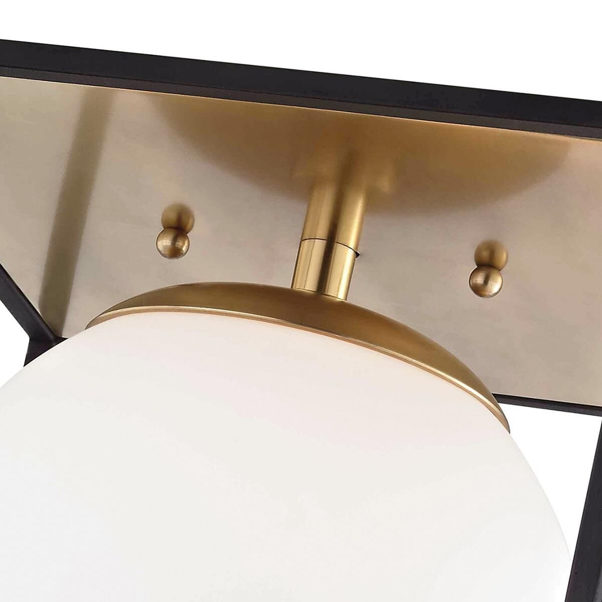 Shown in Aged Brass finish and Opal Etched glass and Black accent