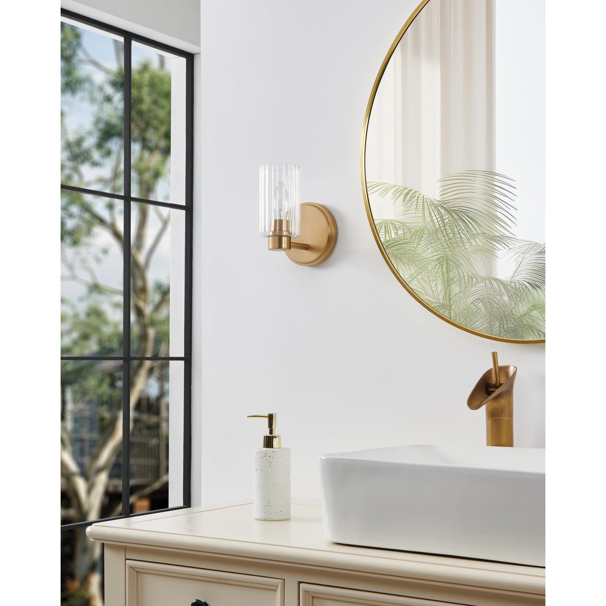 Shown in Champagne Gold finish and Clear Ribbed glass