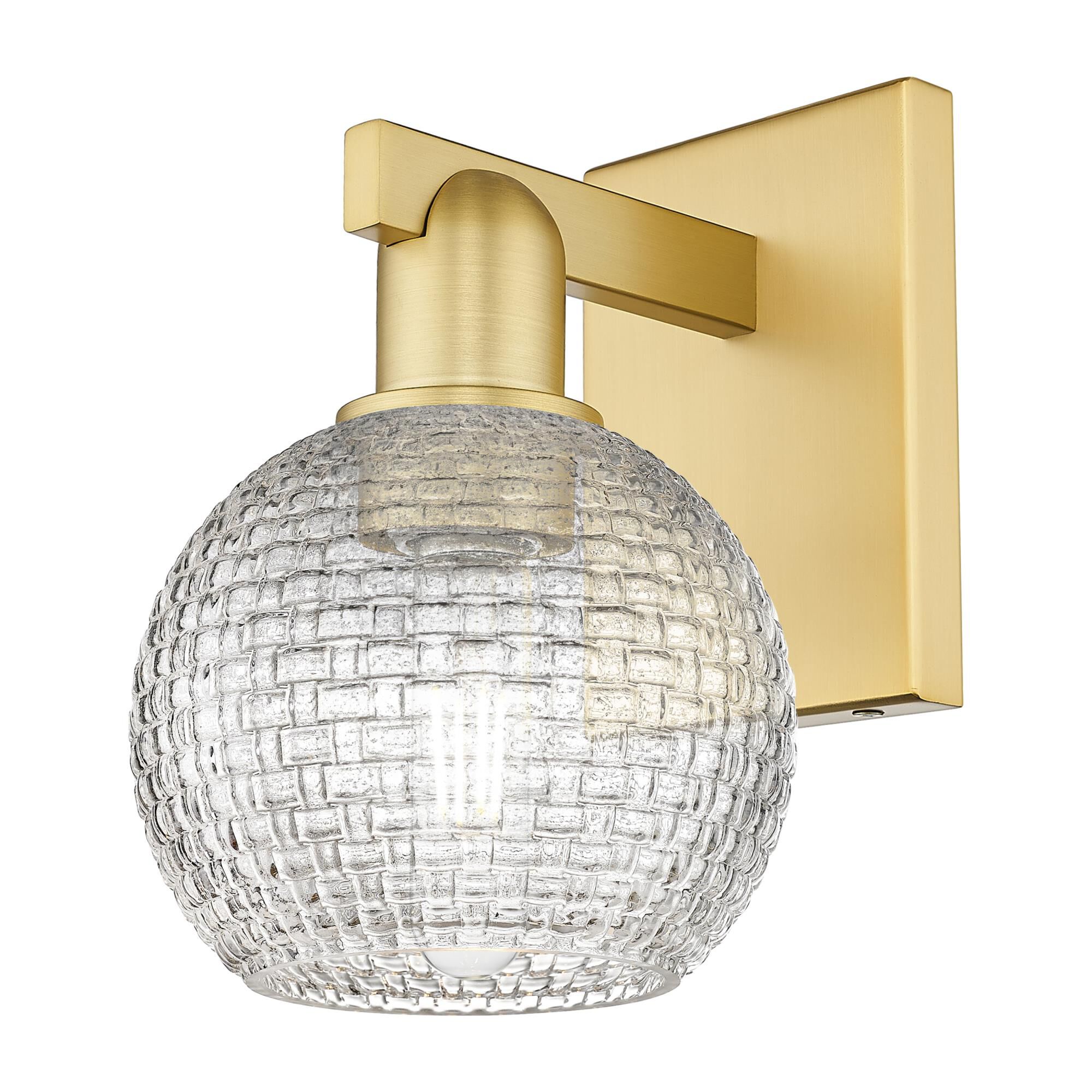 Shown in Satin Gold finish and Clear Basketweave glass