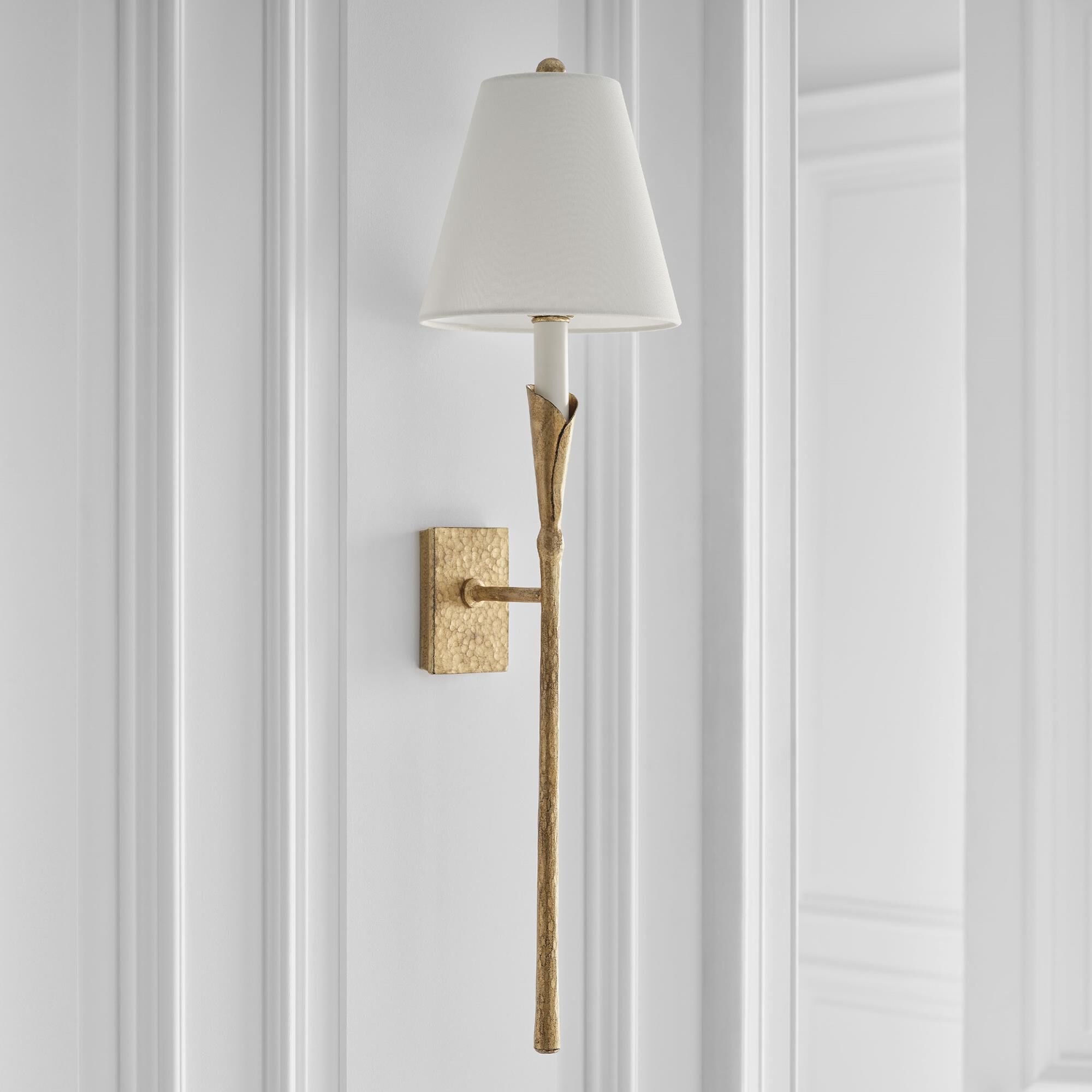 Shown in Gilded Iron finish and Linen shade