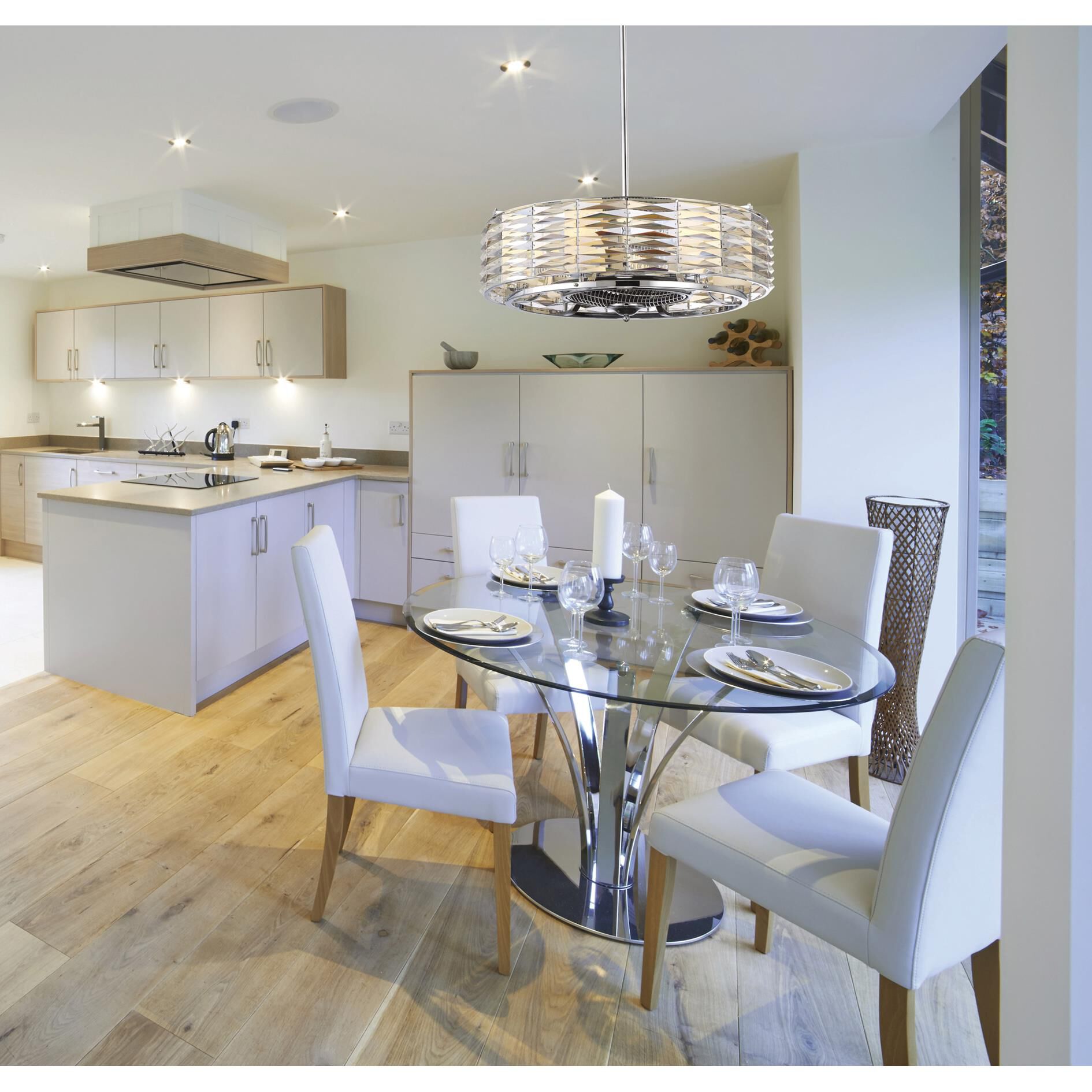 Shown in Polished Chrome finish and Smoked & Clear, Hand Cut crystal and White Opal glass