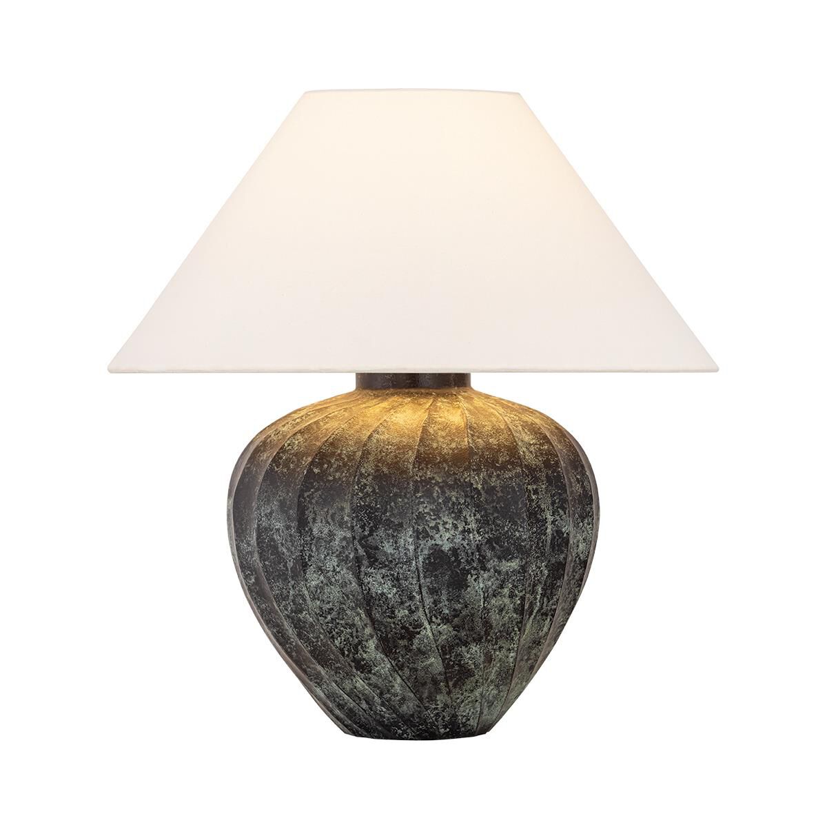 Shown in Patina Brass finish and Off White Linen shade
