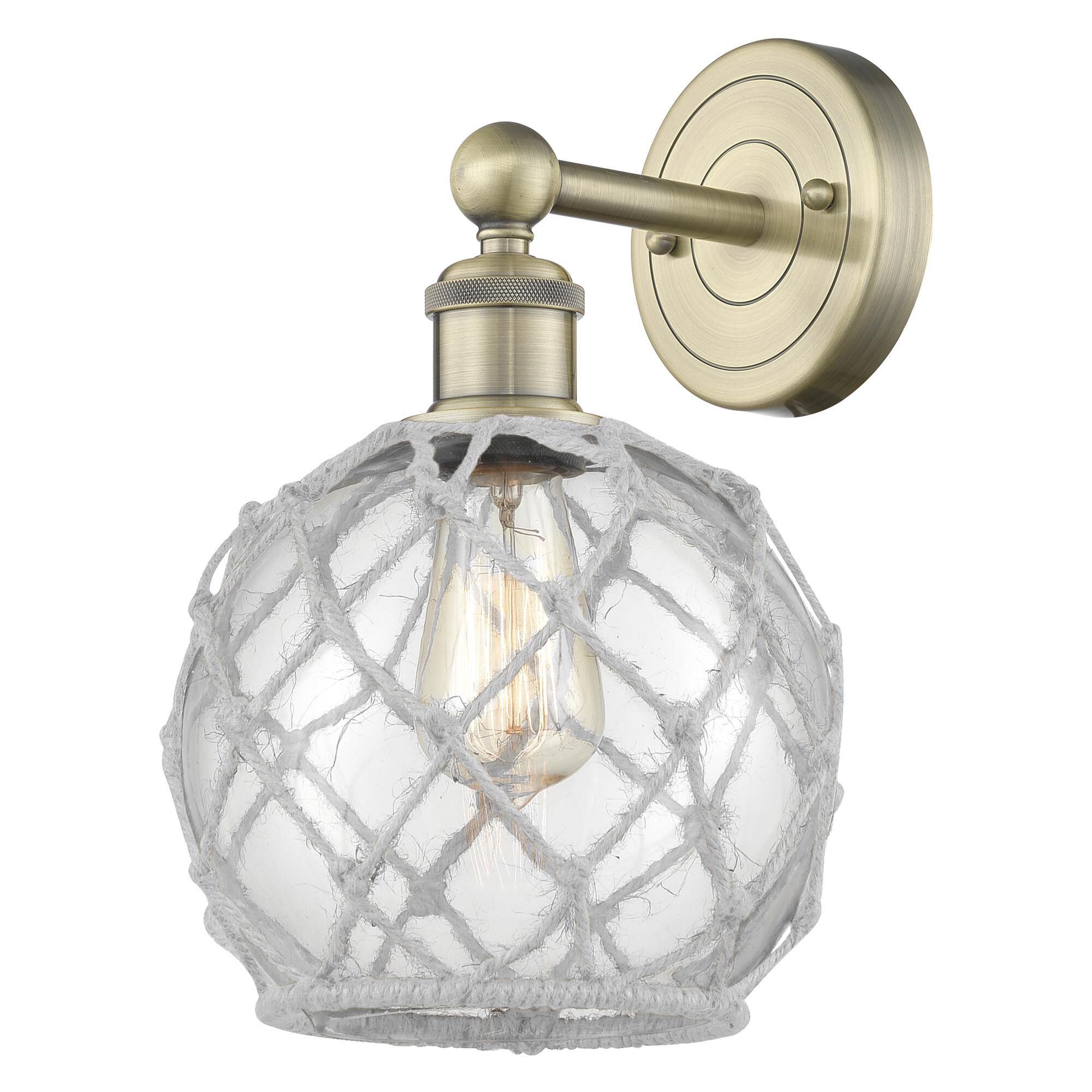 Shown in Antique Brass finish and Clear with White Rope glass