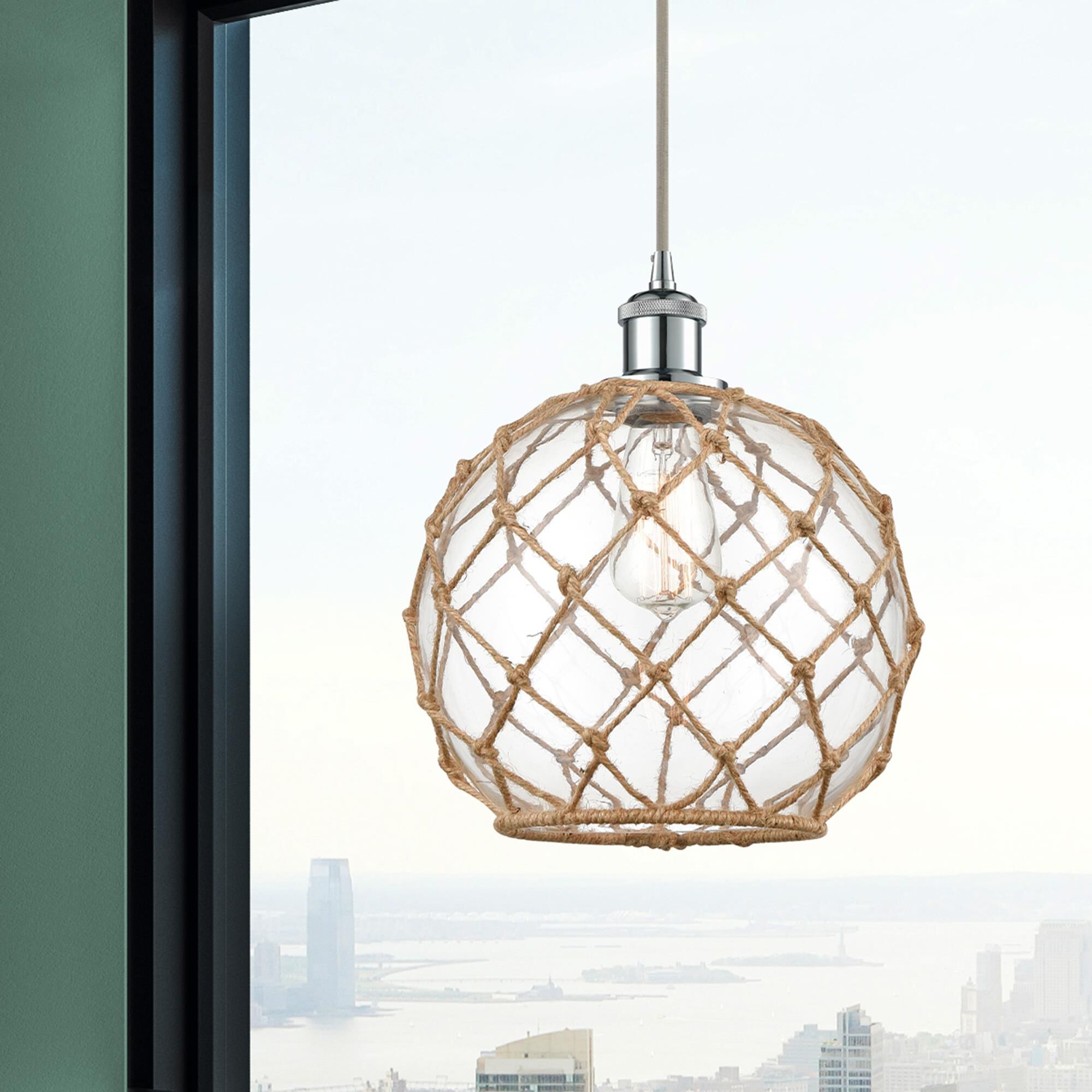 Shown in Polished Chrome finish and Clear With Black Rope glass