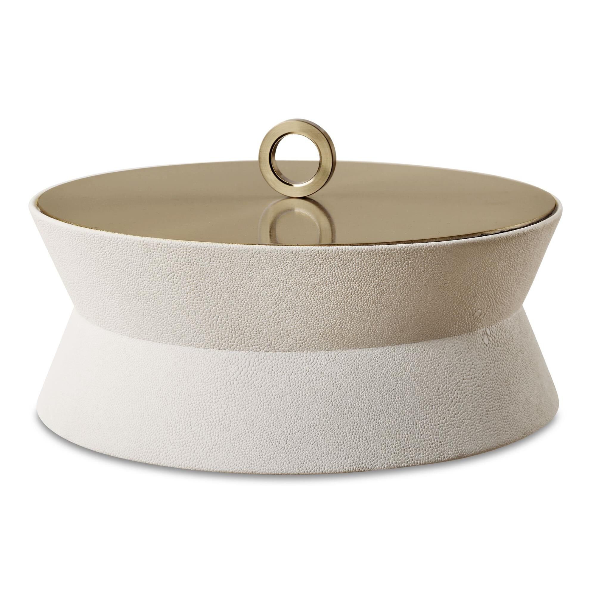 Shown in Luxe Round Box, A Stunning Blend Of Sophistication And Style, Is Wrapped In Pristine White Faux Shag finish