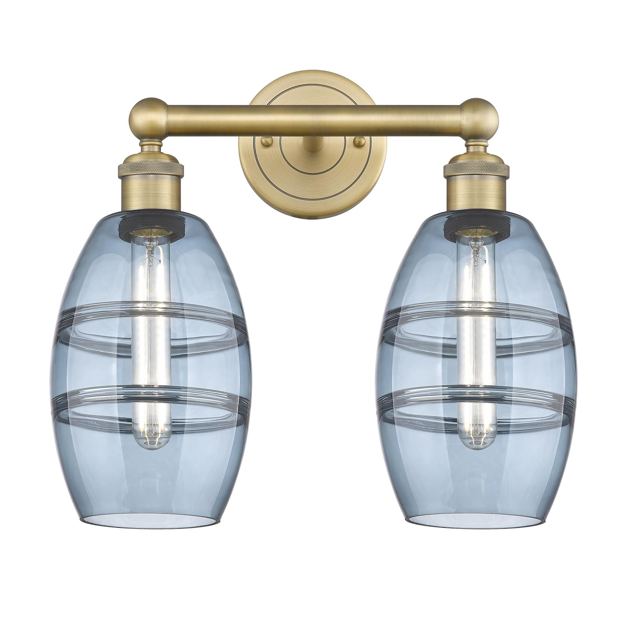 Shown in Brushed Brass finish and Princess Blue glass