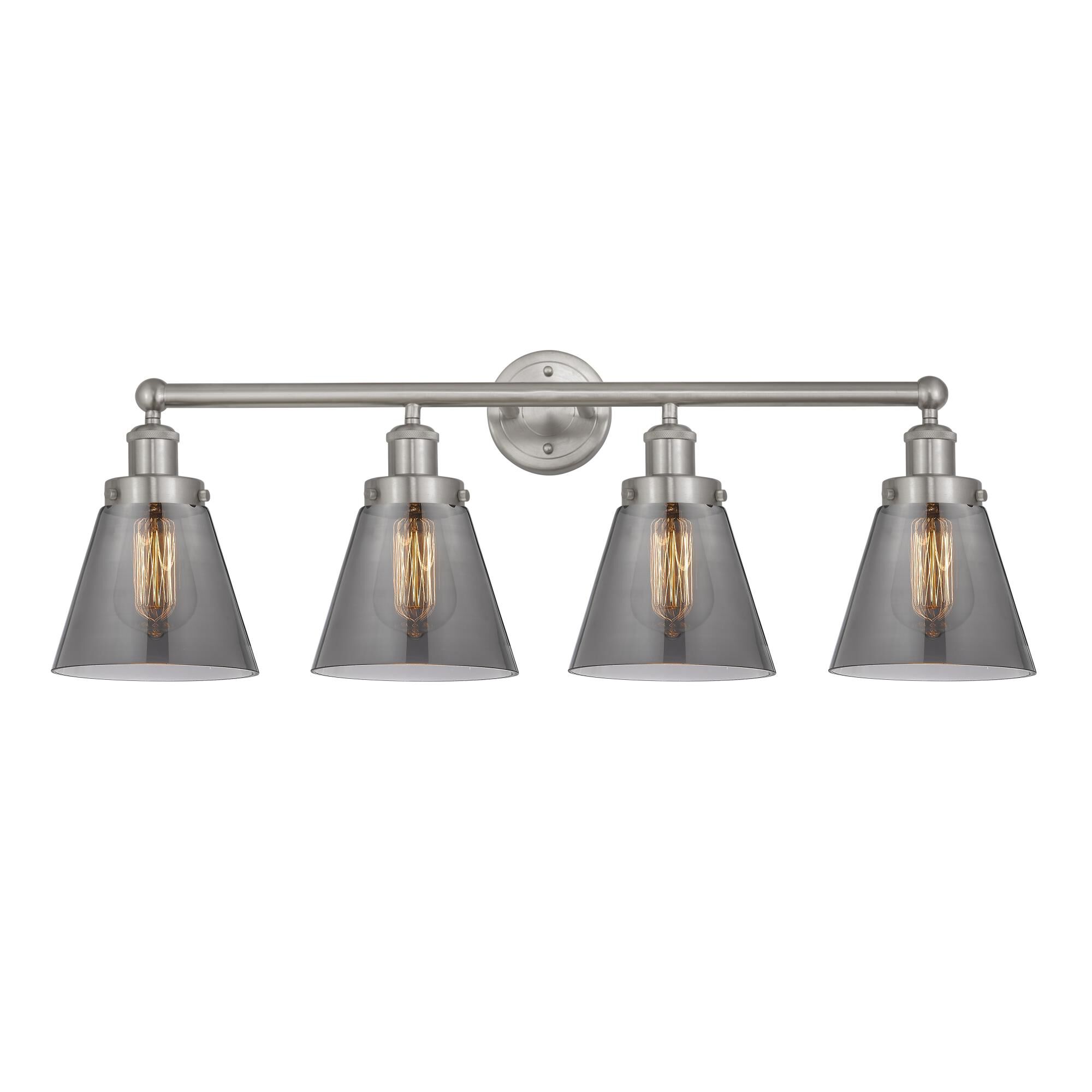 Shown in Brushed Satin Nickel, Plated Smoke finish and Plated Smoke glass and Plated Smoke Glass shade