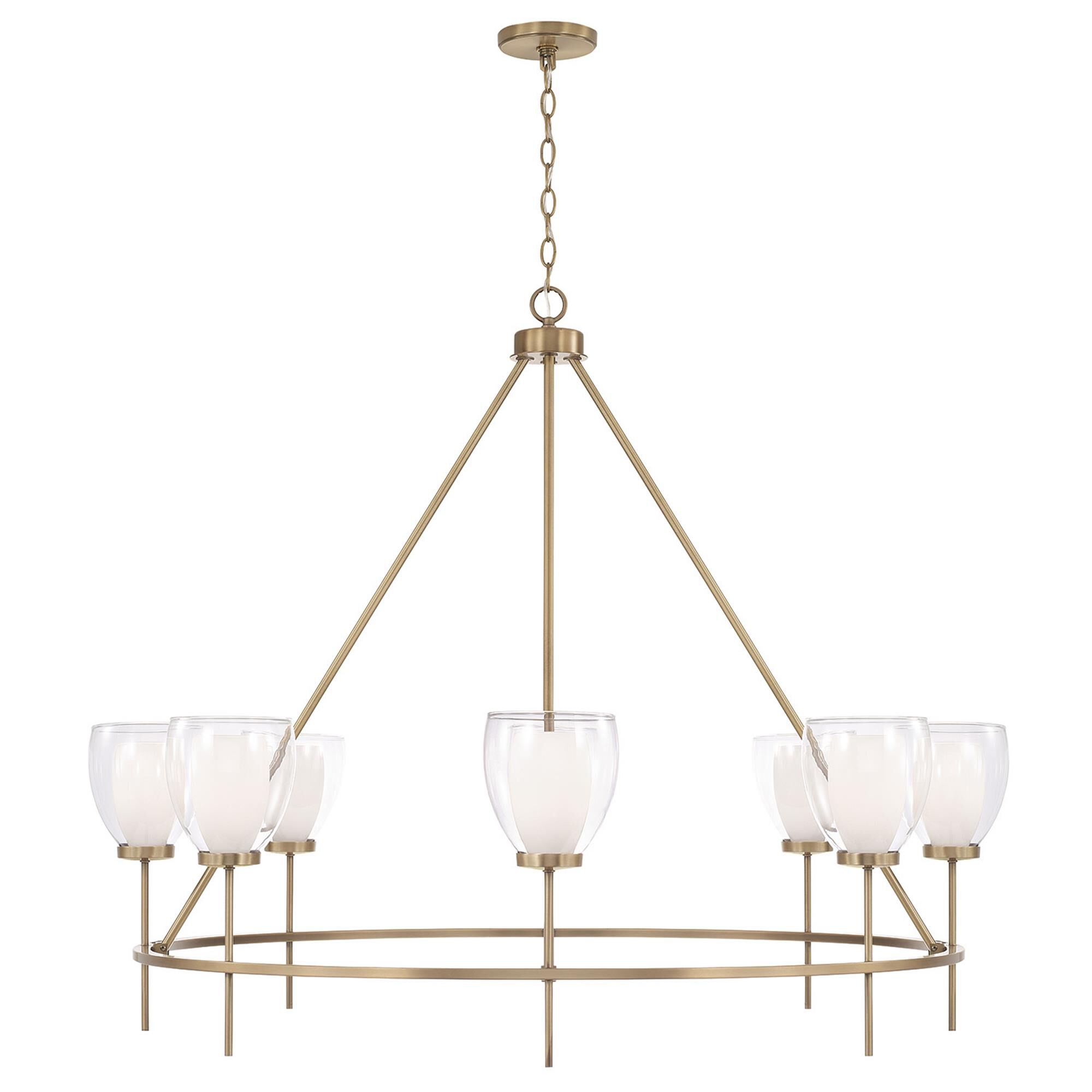 Shown in Aged Brass finish and Layered White And Clear glass