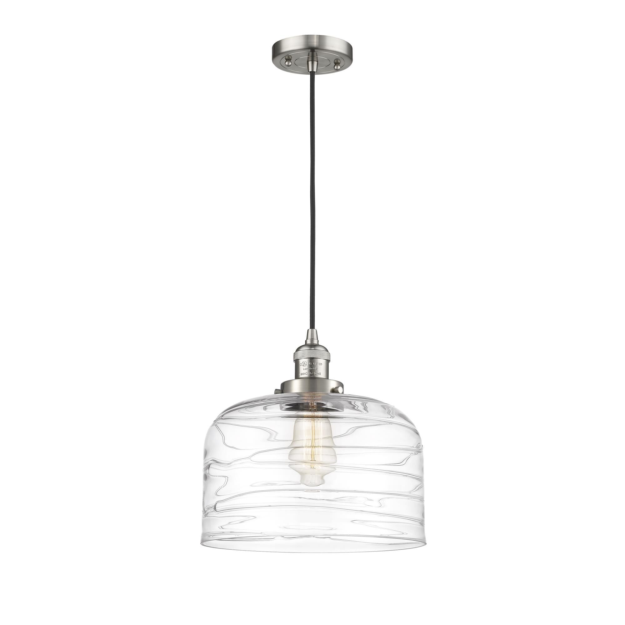 Shown in Brushed Satin Nickel finish and Clear Deco Swirl X-Large Bell glass