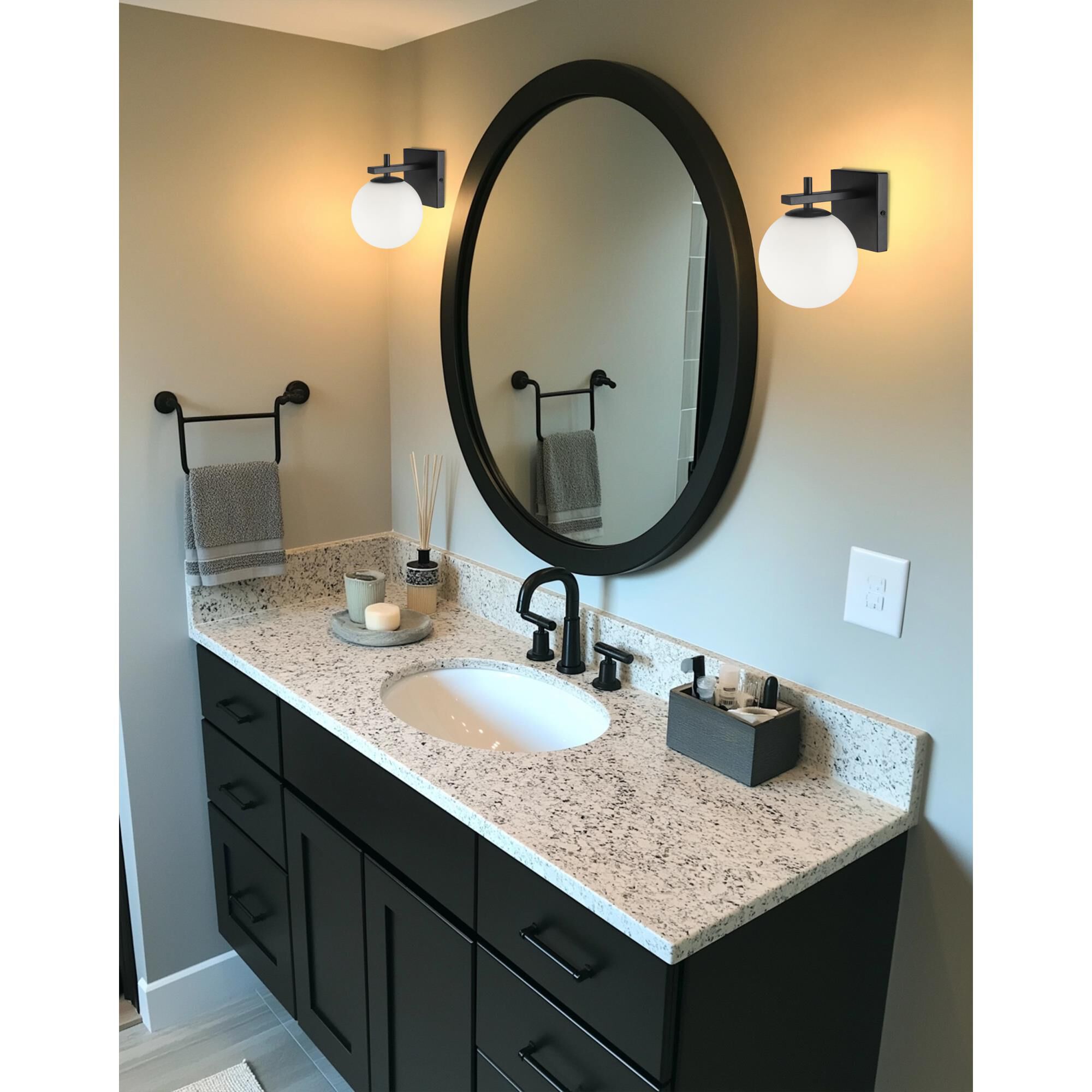 Shown in Black and White finish and White Globe glass