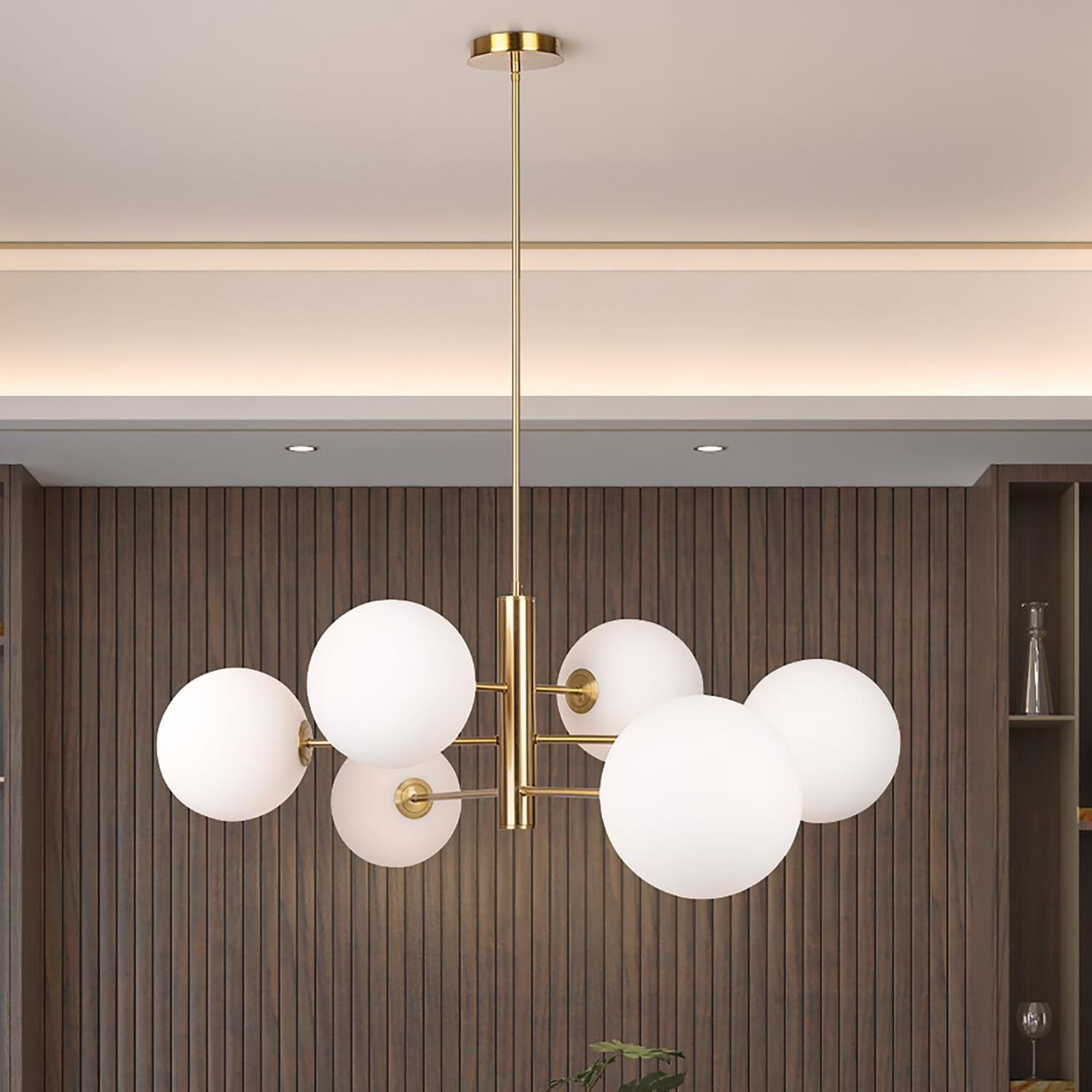 Shown in Brass finish and White glass