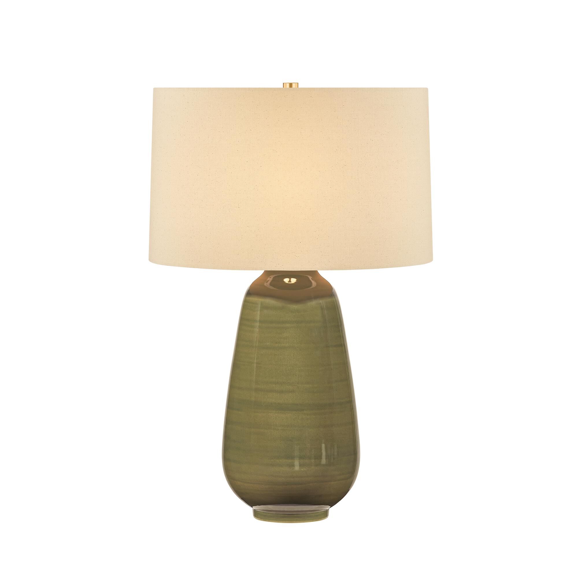 Shown in Aged Brass and Ceramic Dark Forrest finish and Wheat Linen shade