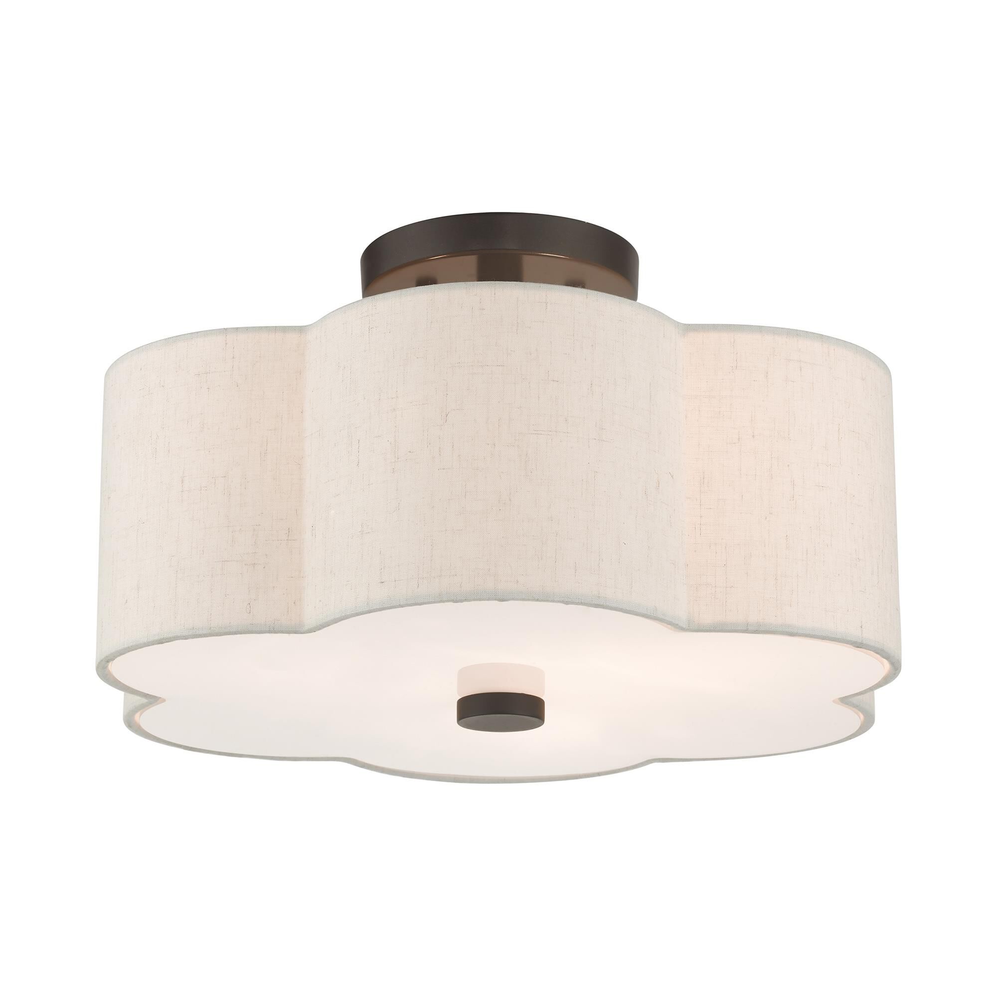 Shown in English Bronze finish and Hand Crafted Hardback Scalloped  Completely Finished With Oatmeal Color Fabric Outside and Inside shade