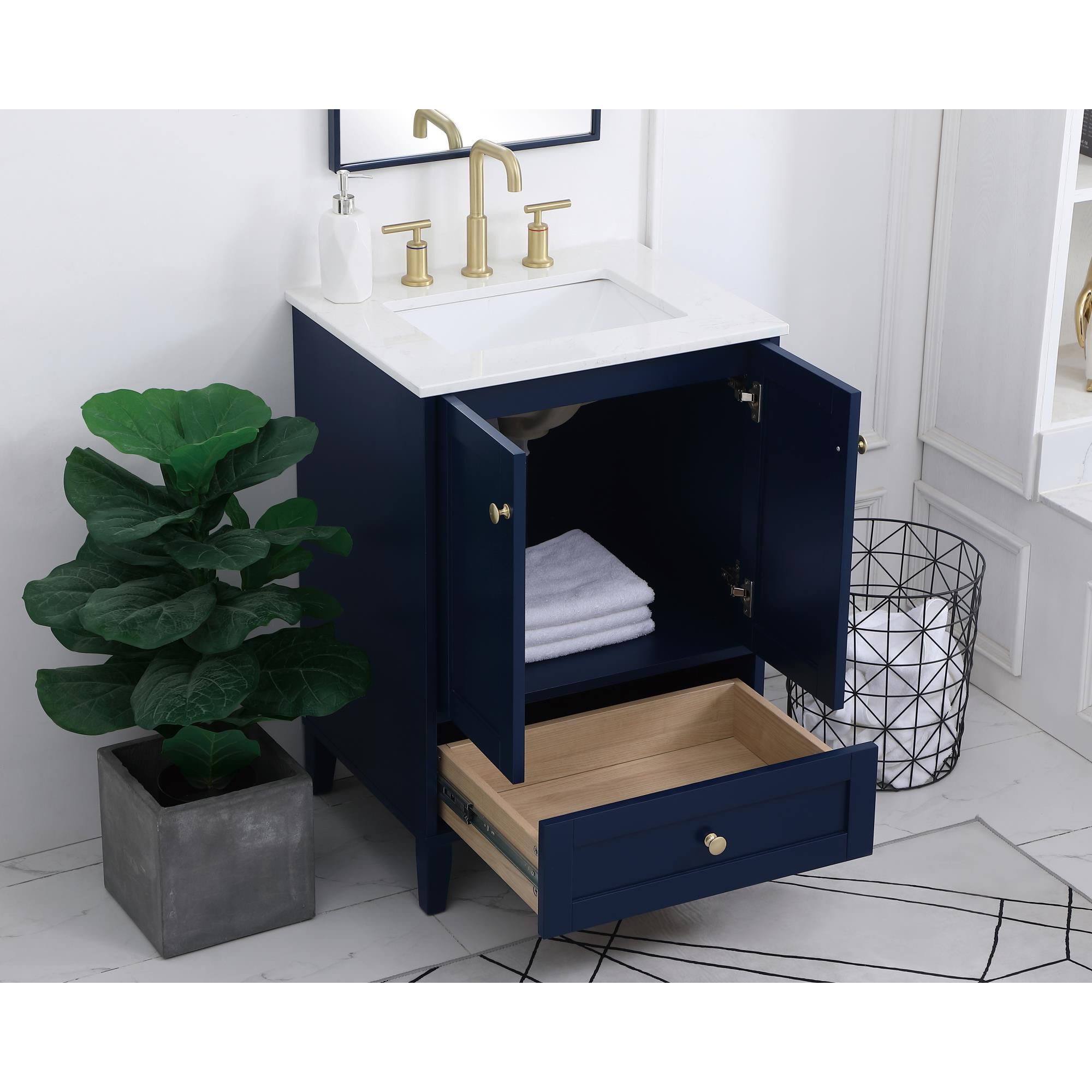 Shown in Blue And Gold With Calacatta Quartz finish