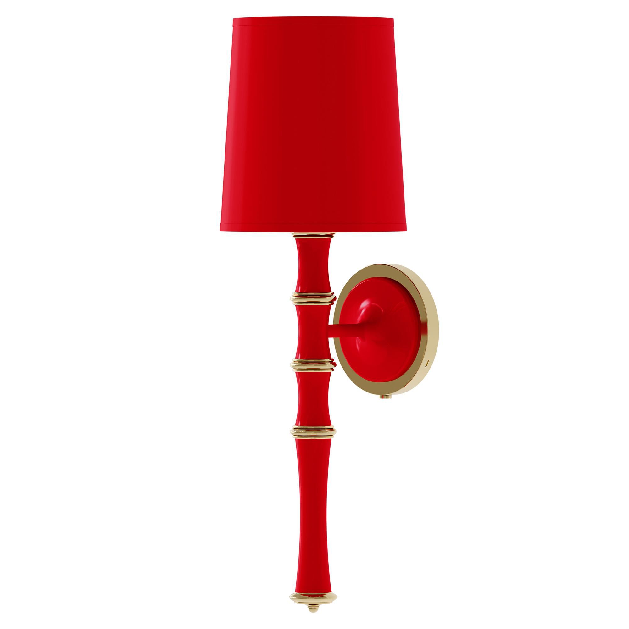 Shown in Ruby Red finish and Celadon shade and Modern Brass  accent