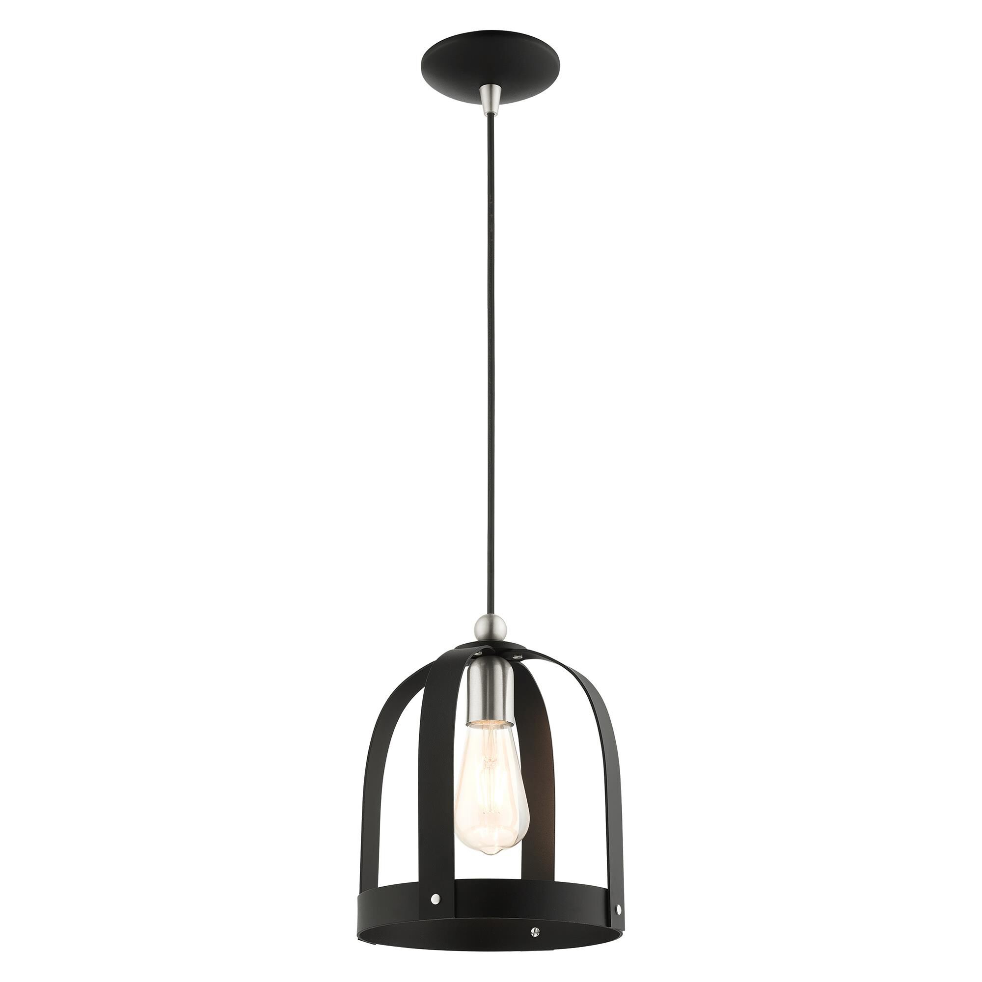 Shown in Textured Black finish and Textured Black Steel  With Brushed Nickel Accents shade