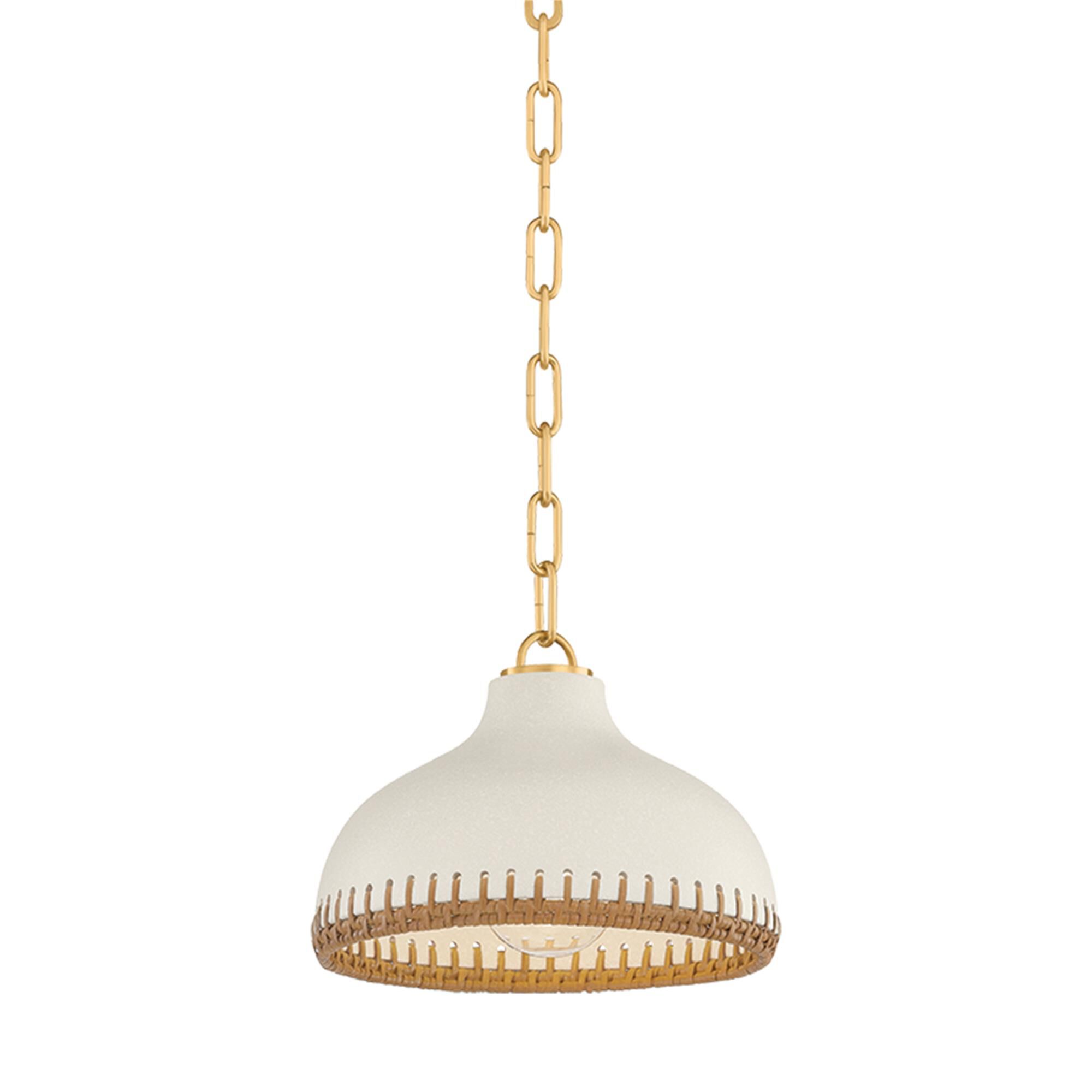 Shown in Aged Brass and Ceramic Cream Pebble finish and Rattan Weave Ceramic shade