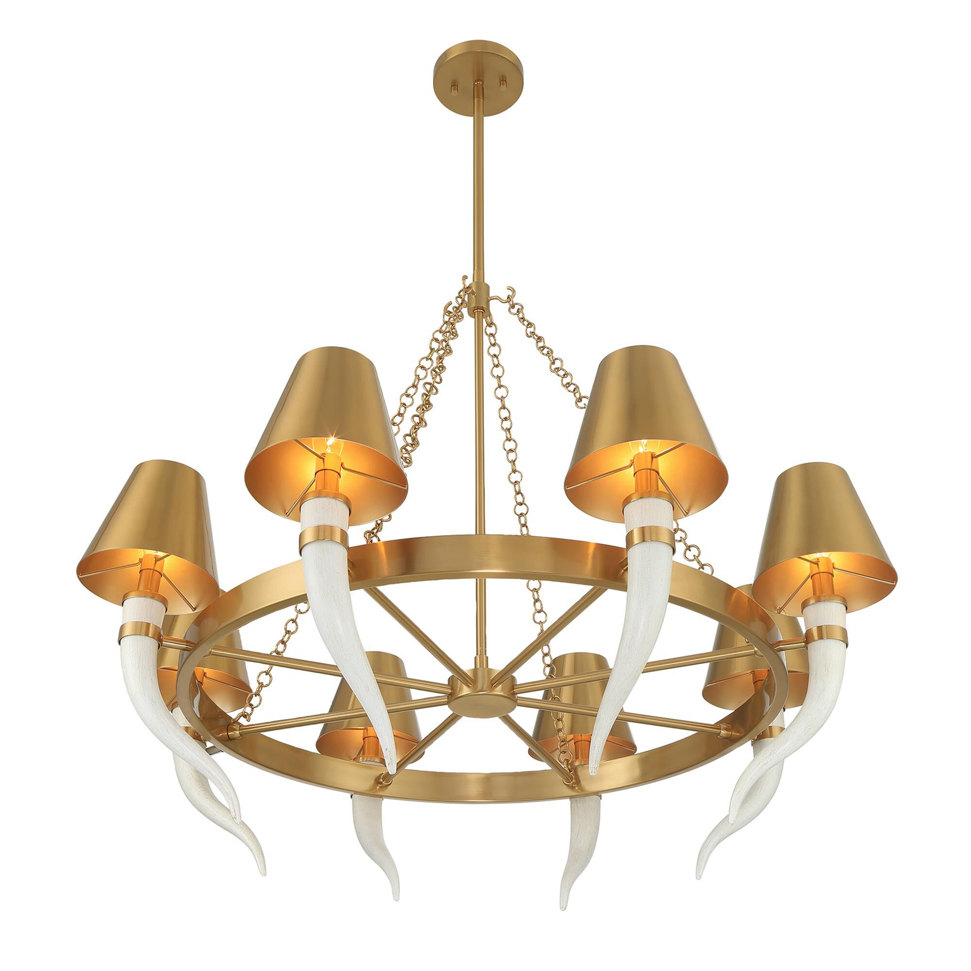Shown in Warm Brass finish and Warm Brass Metal shade and Curved Faux Horns accent