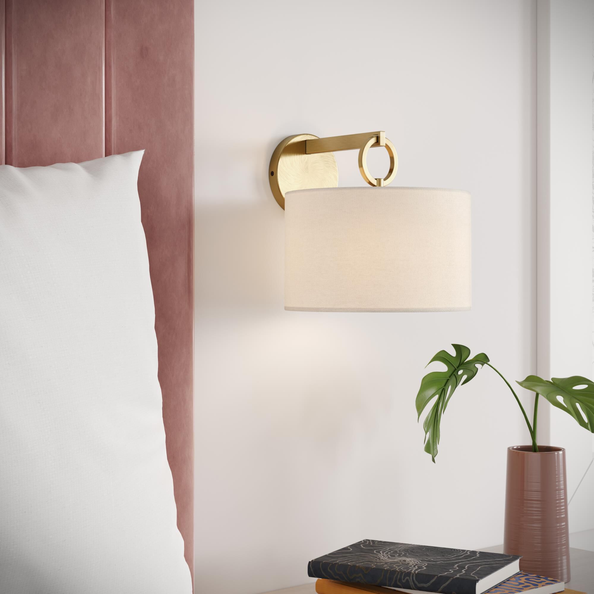 Shown in Vintage Brass finish and Linen shade
