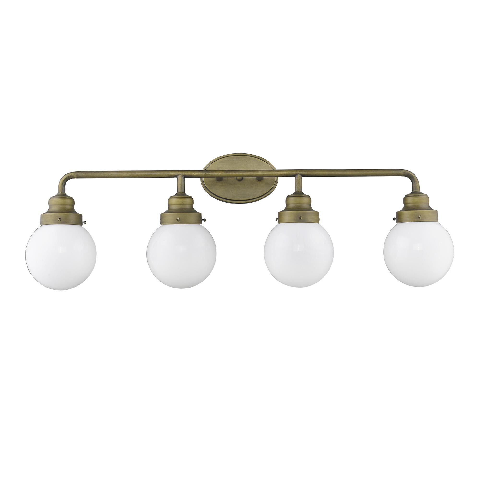 Shown in Raw Brass finish and Opal glass and Opal, Glass Globes shade