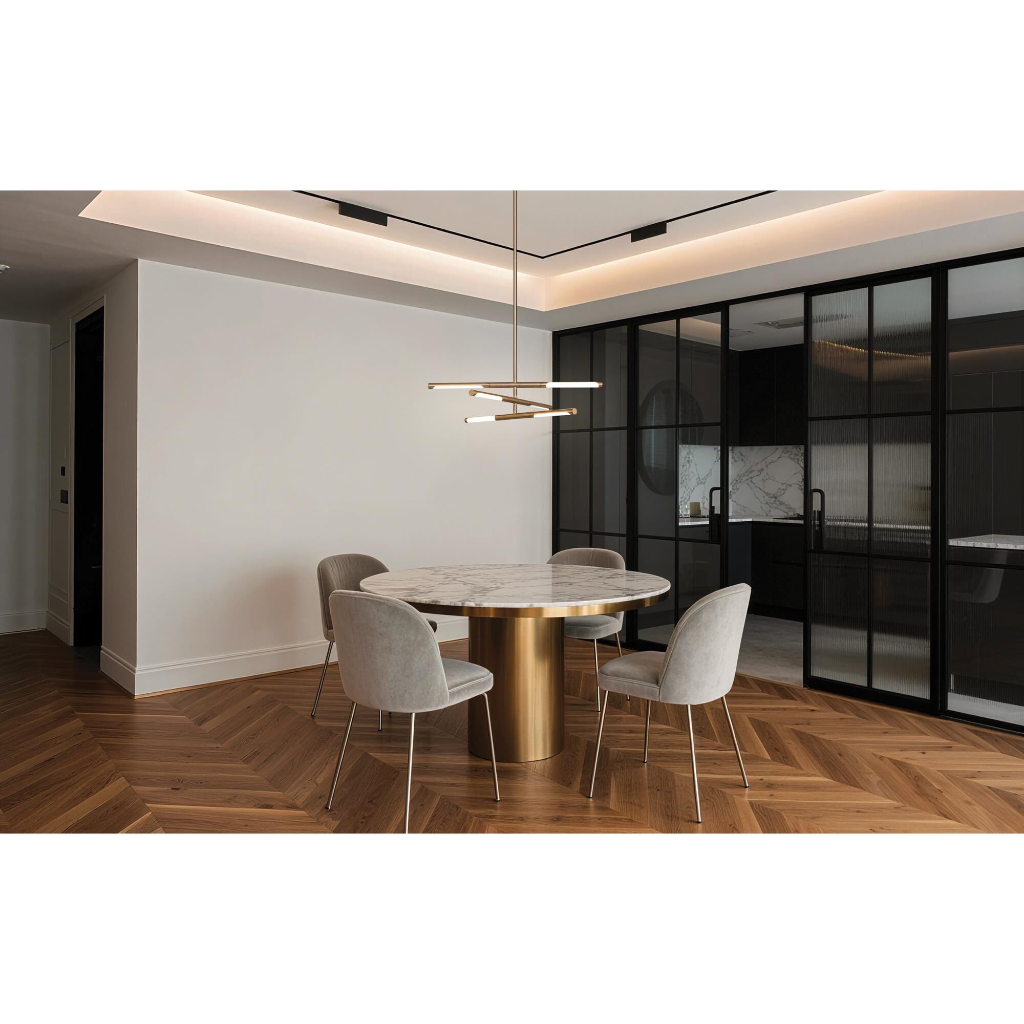 Shown in Champagne Gold finish and White glass